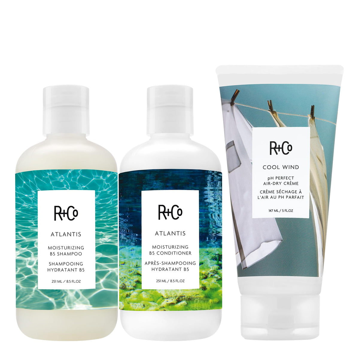 White Smoke R+Co ATLANTIS Shampoo, Conditioner + CRYSTAL HALO Balancing Scrub, Shampoo