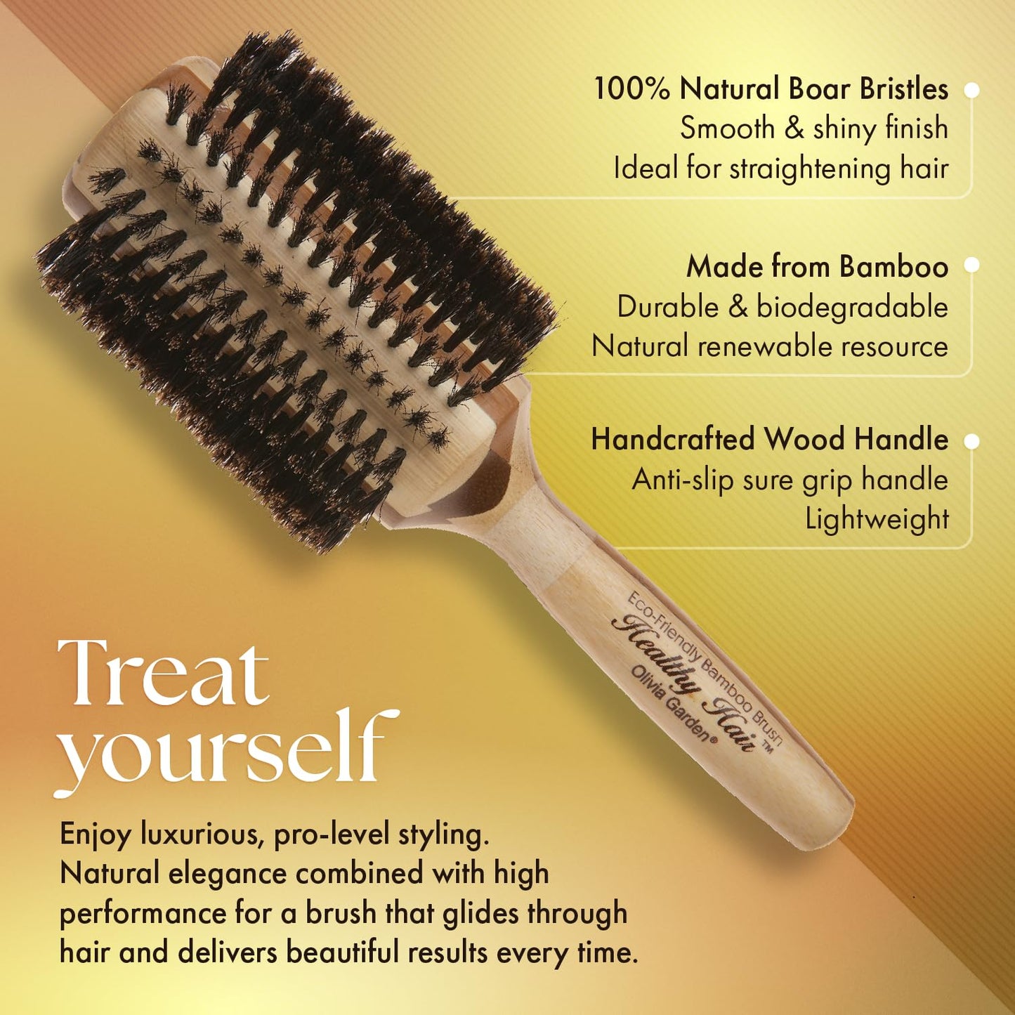 Sandy Brown Olivia Garden Healthy Hair Eco-Friendly Bamboo 100% Boar Round Hair Brush HH-B50 (3 1/4")