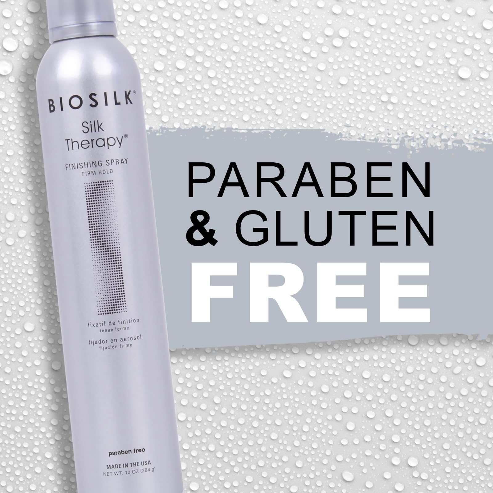 Light Gray BioSilk Silk Therapy Finishing Spray Firm Hold, Strong-Hold Hairspray for Long-Lasting Styles, Adds Brilliant Shine & Keeps Hair Touchable, Sulfate-Free, Paraben-Free, Cruelty-Free, 10 Oz