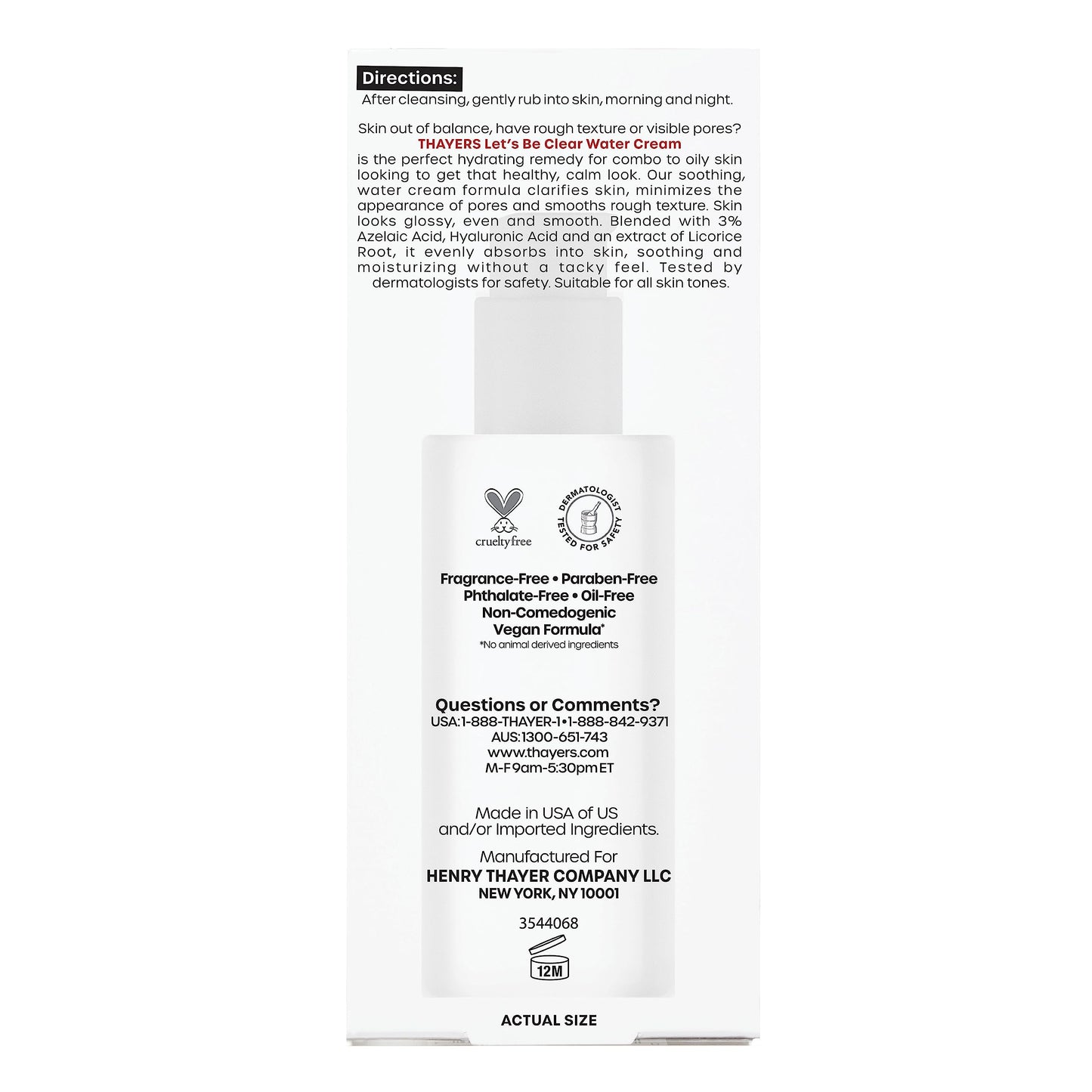 White Smoke THAYERS Let's Be Clear Water Face Cream, Moisturizer with Azelaic Acid and Hyaluronic Acid, Skin Care for Combination to Oily Skin, 2.5 Oz