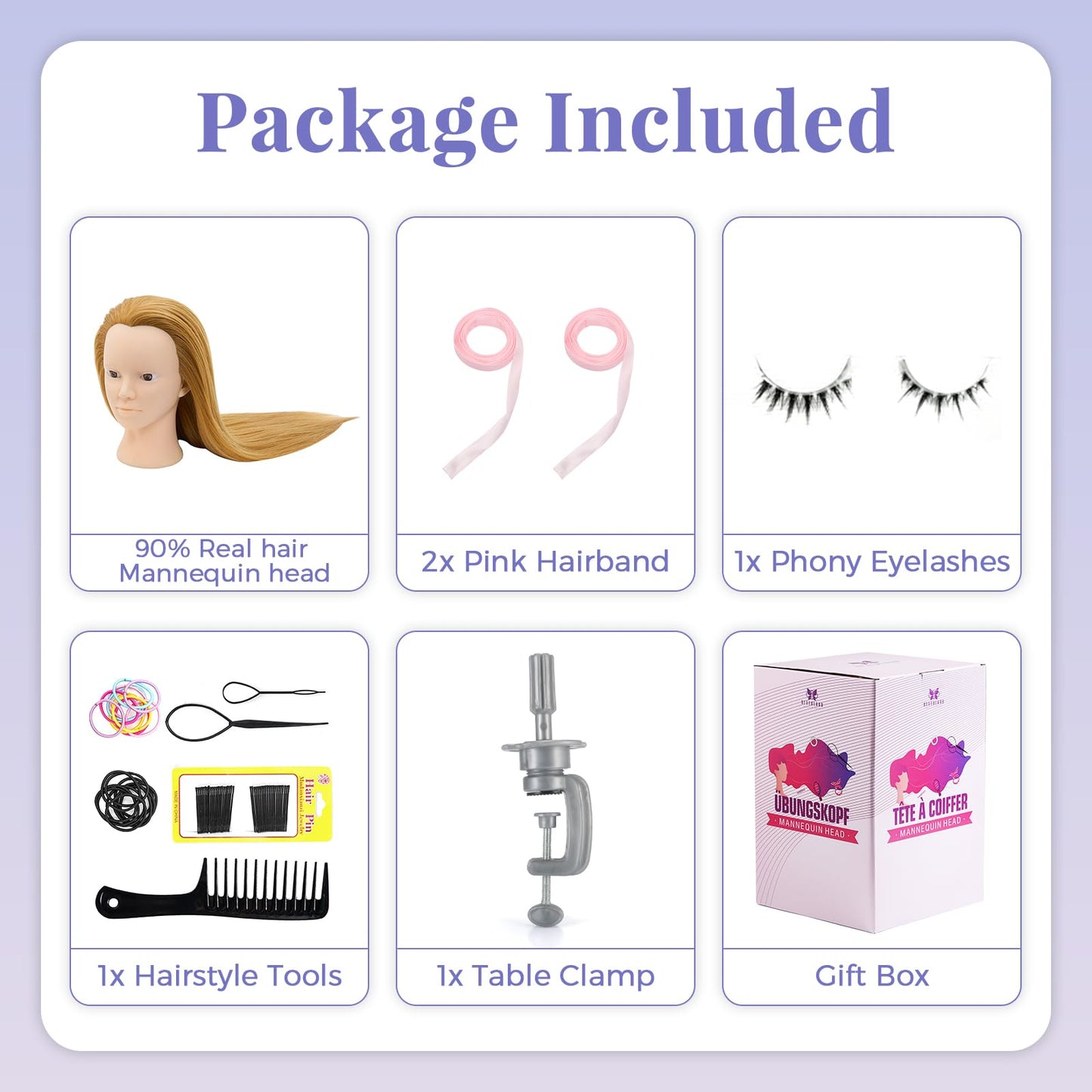 White Smoke Mannequin Head with 90% Real Human Hair - 28 Inch Makeup Cosmetology Manikin Doll Head for Hair Styling, Training Practice Braiding Mannequin Head with False Eyelashes Hair Styling Set