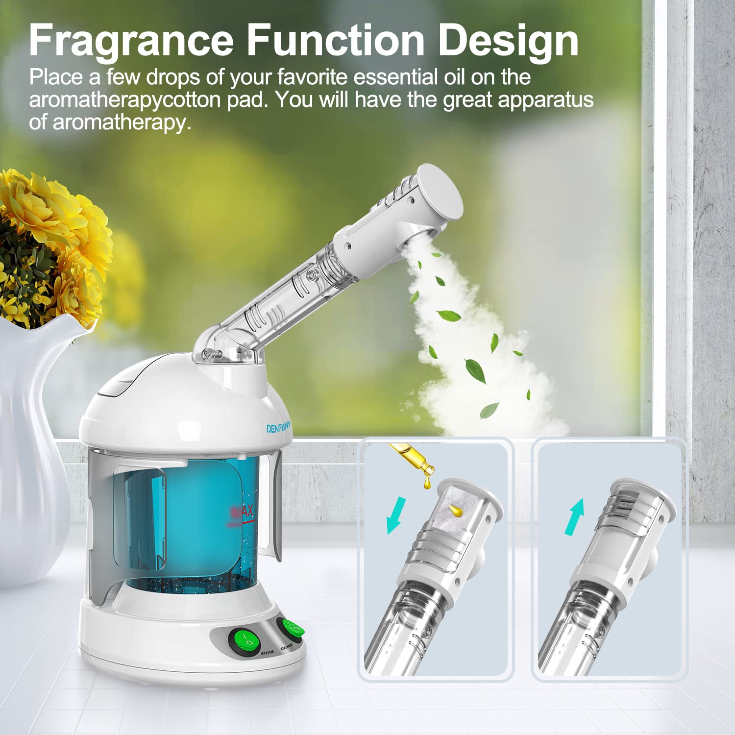 Light Gray DENFANY Hair Steamer Facial Steamer 2 in 1 – Nano Ionic Steam for Deep Hydration, Adjustable Arm, Easy-Clean Wide Mouth Tank, Home & Salon Use