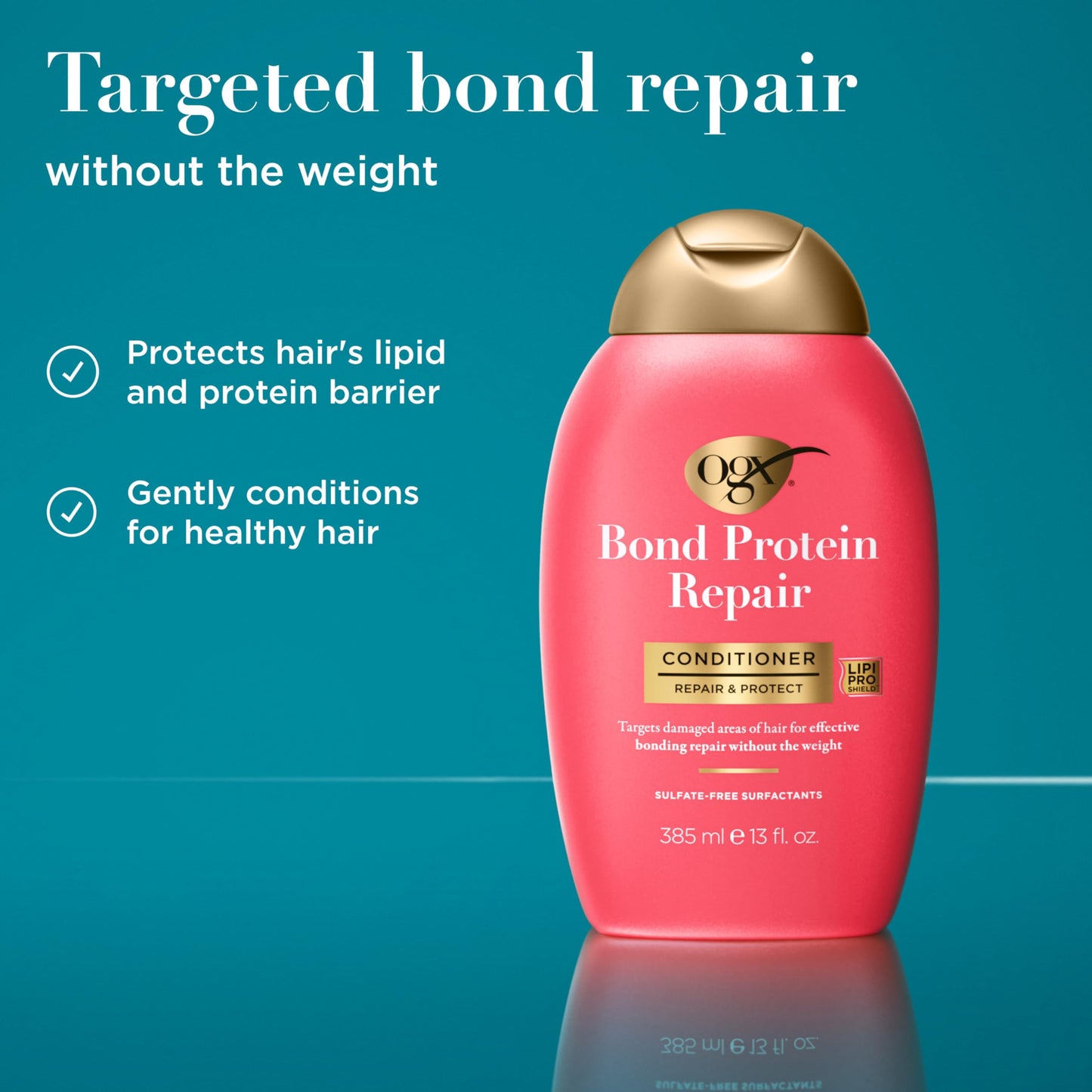 Dark Cyan OGX Repair & Protect Bond Protein Repair Conditioner, Lightweight Conditioner Targets Damaged Areas of Hair, Formulated without Parabens, Sulfate-Free Surfactants, 13 fl. oz