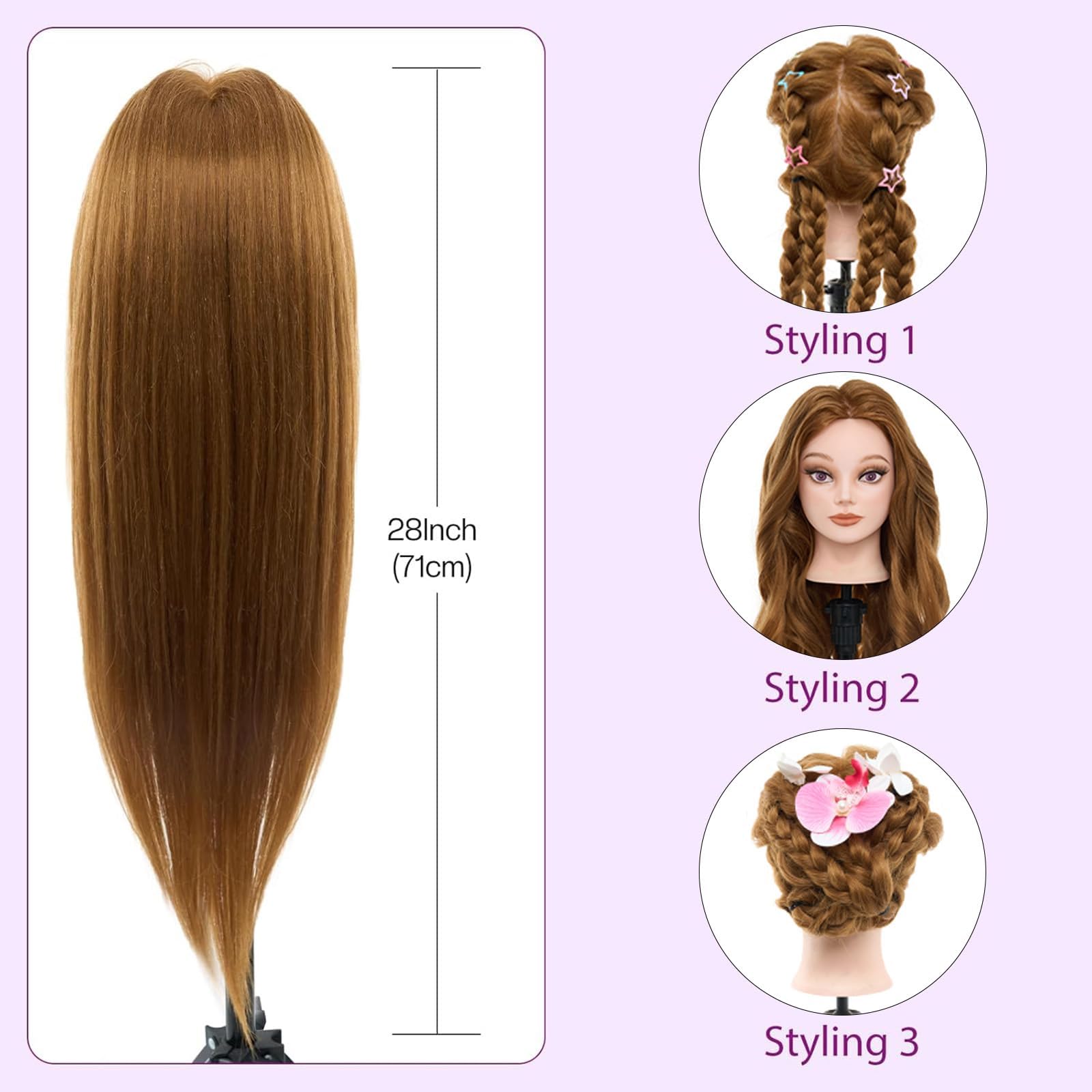 White Smoke Mannequin Head 80% Human Hair - 28" Makeup Manikin Doll Head for Hair Styling, Hairdressing Training Practice Braiding for Cosmetology Students, Professionals & Practice Exams