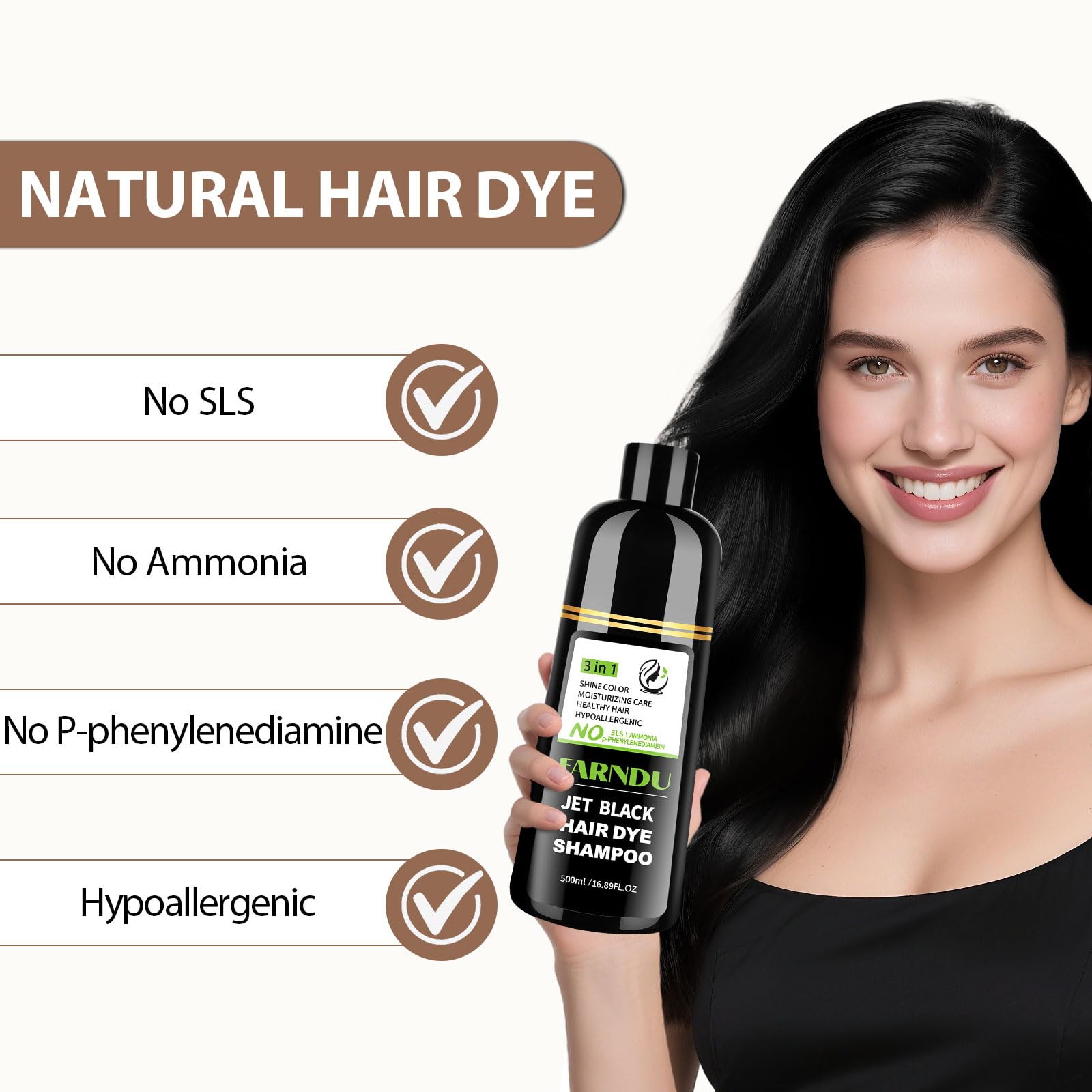 White Smoke Farndu Jet Black Hair Dye Shampoo Ammonia-free & PPD-free, Gray Hair Coverage Natural Herbal 3 in 1 Hair Color Shampoo for Women Men