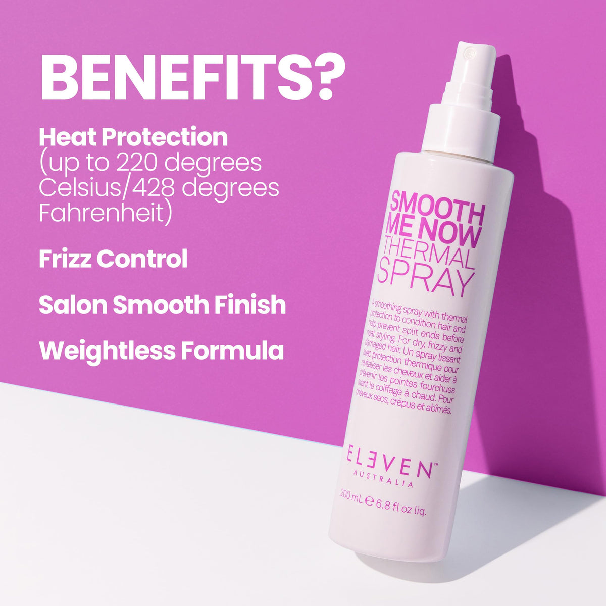Lavender Blush ELEVEN AUSTRALIA Smooth Me Now Thermal Spray, Heat Protectant - 6.8 Fl Oz