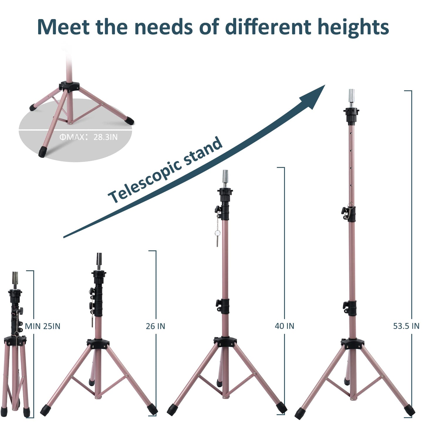 White Smoke Klvied Wig Stand Tripod Upgraded, Mannequin Head Stand Double Locking, Reinforced Metal Wig Head Stand with Tool Tray, Rose Gold (53.5 Inches)