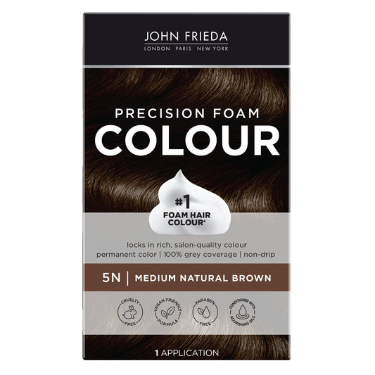 Black John Frieda Precision Foam Colour, Medium Natural Brown 5N, Full-coverage Hair Color Kit, Anti-Fade Gray Coverage, Deep Color Saturation Hair Dye, 1 Application