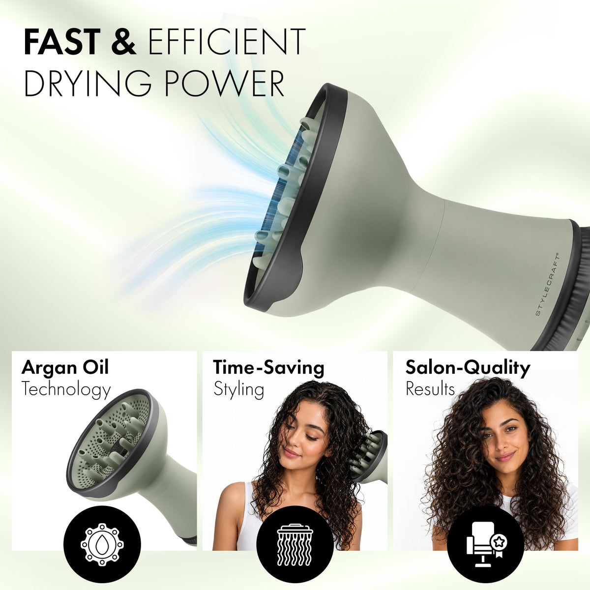 White Smoke Stylecraft Sage 2-in-1 Diffuser Hair Dryer for Curly Hair & Defined Styling