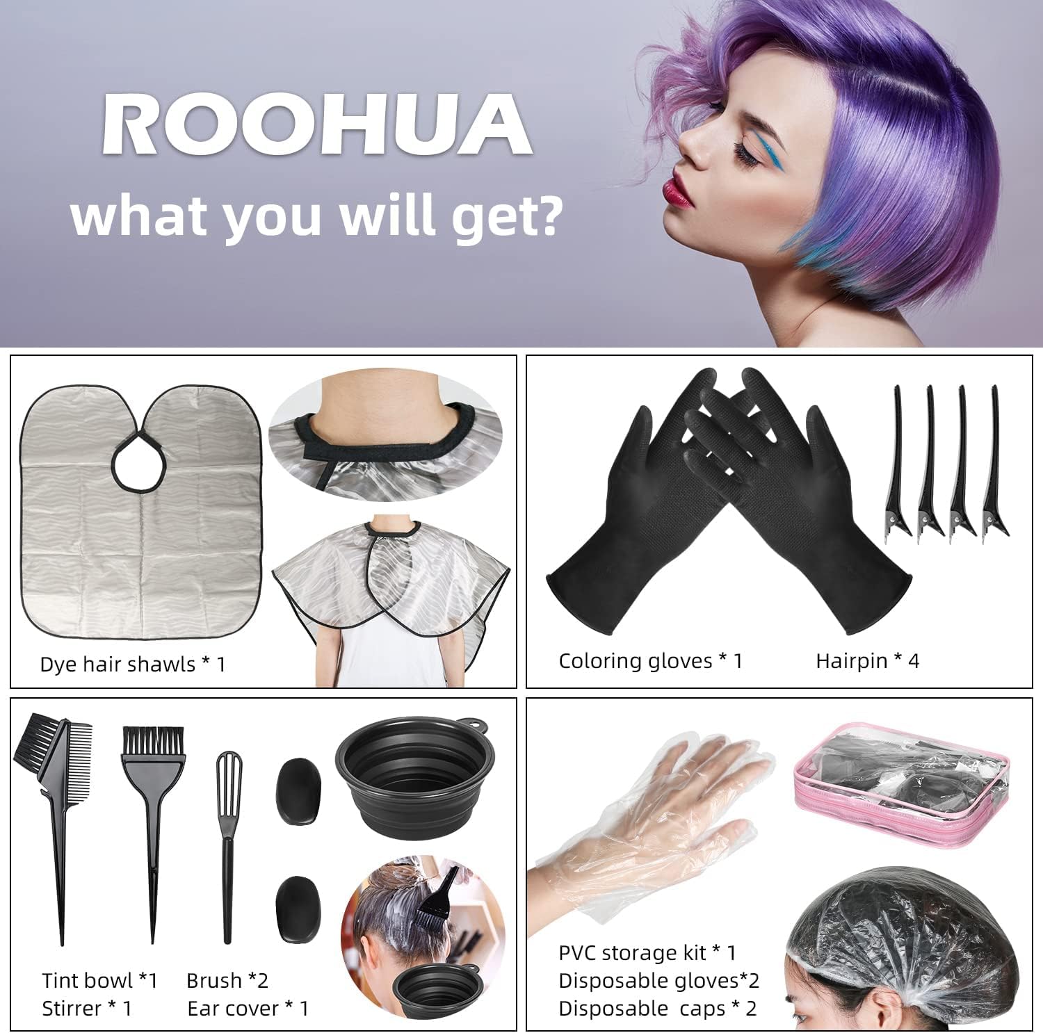White Smoke ROOHUA Hair Coloring Kit- Hair Dye Kit - Hair dye brush and bowl set,Hair agitator,Hair Clips and disposable gloves shower caps,Essential Salon Supplies for Home Use (16, Black)