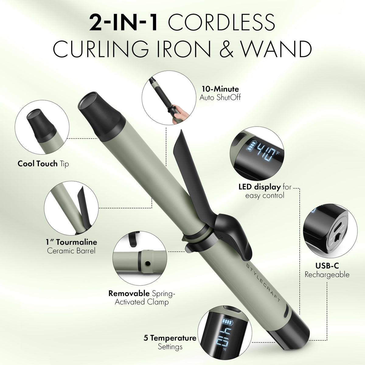 White Smoke StyleCraft Sage 1" Ceramic Rechargeable Cordless Curling Iron & Wand