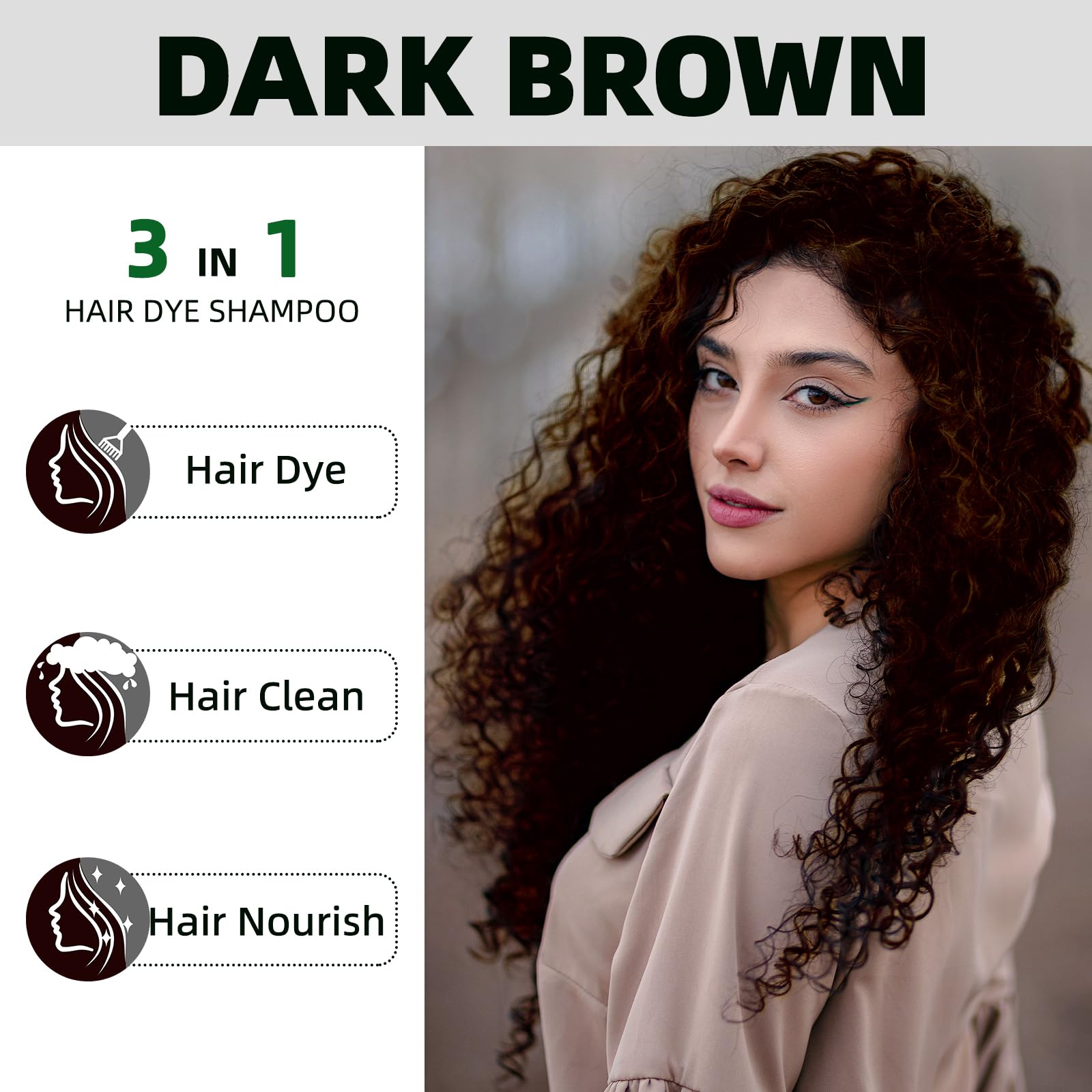White Smoke Dark Brown Hair Dye Shampoo 3 in 1 for Gray Coverage for Women/Men, Color Shampoo Instant Herbal Ingredients Semi Permanent