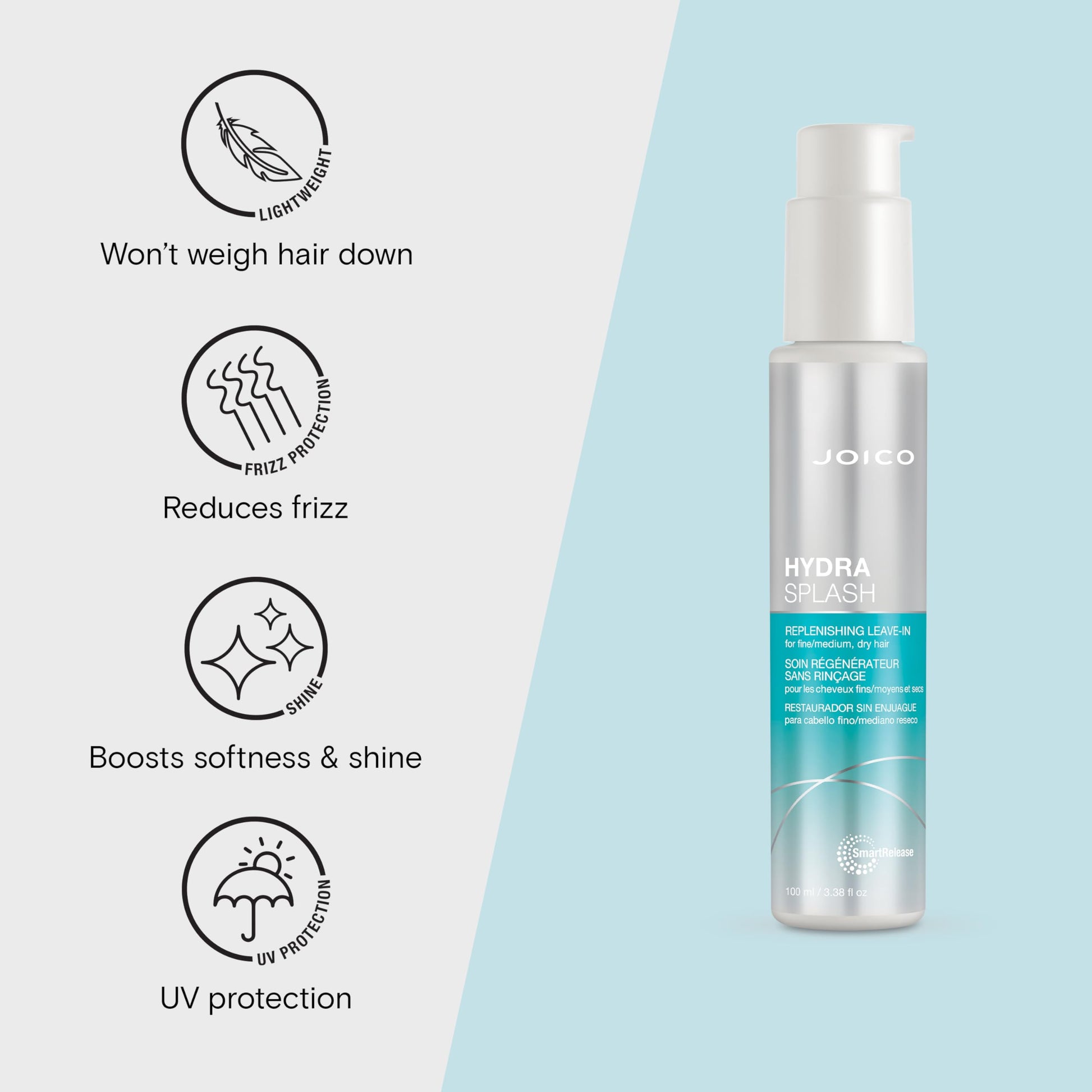 Lavender Joico HydraSplash Replenishing Leave-In | For Fine, Medium, Dry Hair | Boost Shine & Softness | Tame Frizz & Hydrate | With Sea Kelp & Coconut Water | 3.38 Fl Oz