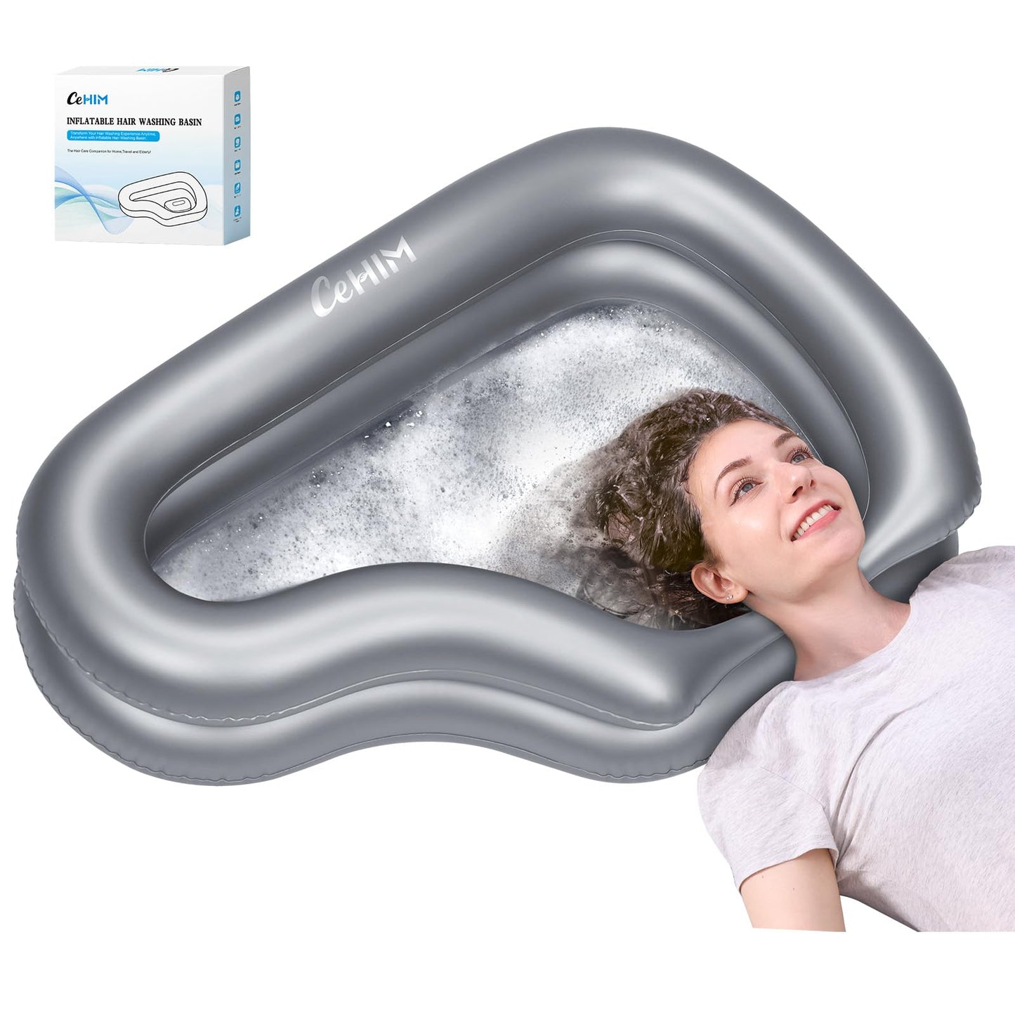 White Smoke Inflatable Portable Shampoo Bowl, Hair Washing Bowl with Drain Hose & Neck Support, PVC Inflatable Shampoo Bowl for Bedridden Patients, Disabled, Seniors, Kids, Home Care