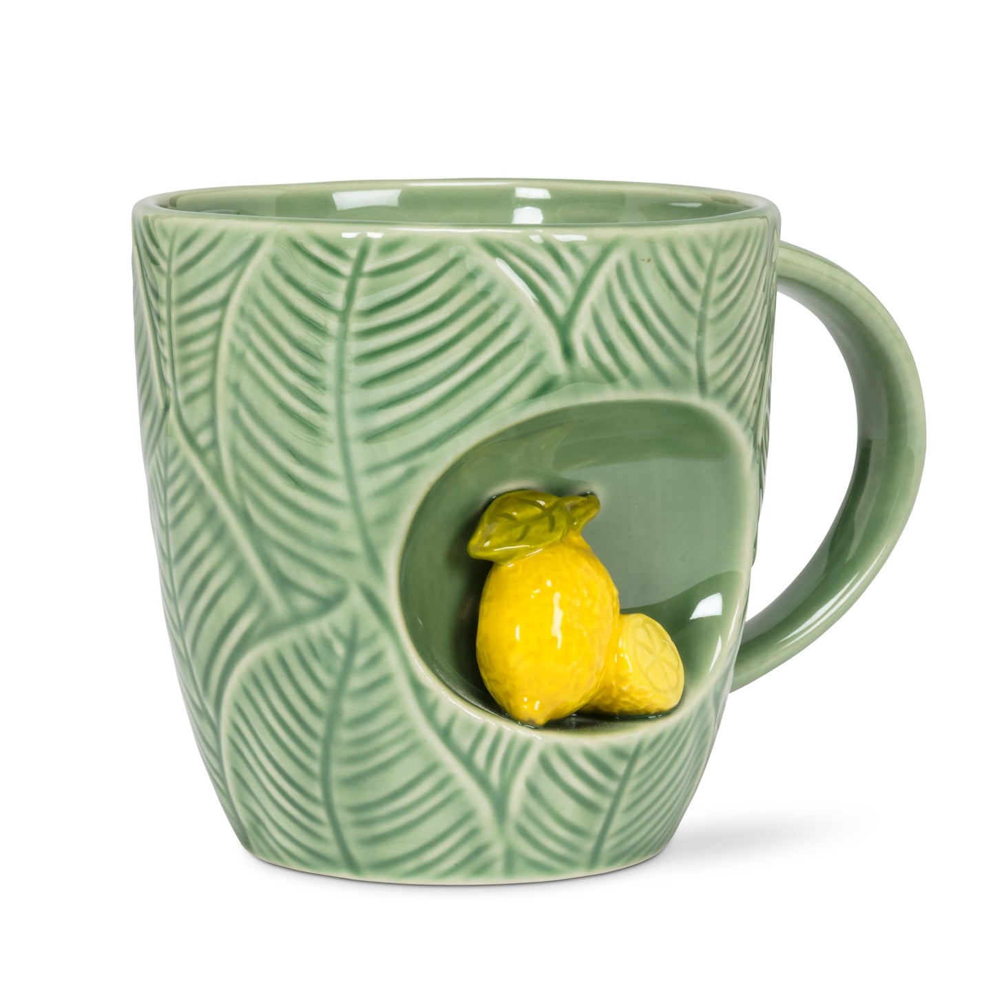 White Smoke Abbott Collection Alcove Leafy Mug with Lemon - Stoneware, Green/Yellow, 4 inches H (12oz)