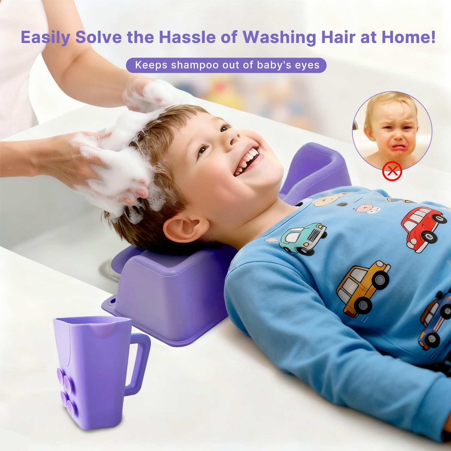 Lavender Silicone Portable Hair Washing Station for Kids,Toddlers and Elderly,Shampoo Basin/Bathtub Shampoo Basins, Attached Shampoo Brush and Bath Rinse Cup,Neck Support Shampoo Bowl for Sink at Home (Purple)