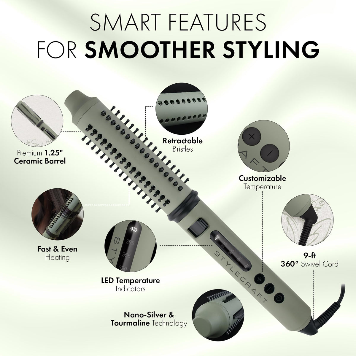 White Smoke StyleCraft Sage 1.25" Ceramic Curling Brush & Wand, Retractable Bristles