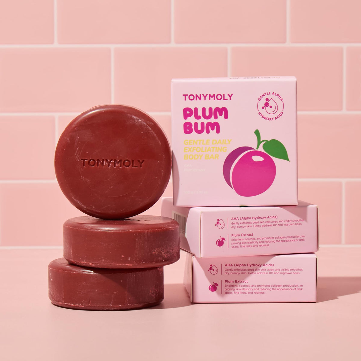 Light Pink TONYMOLY Plum Bum AHA Soap Bar - Smooths Rough, Ingrown-Prone Skin