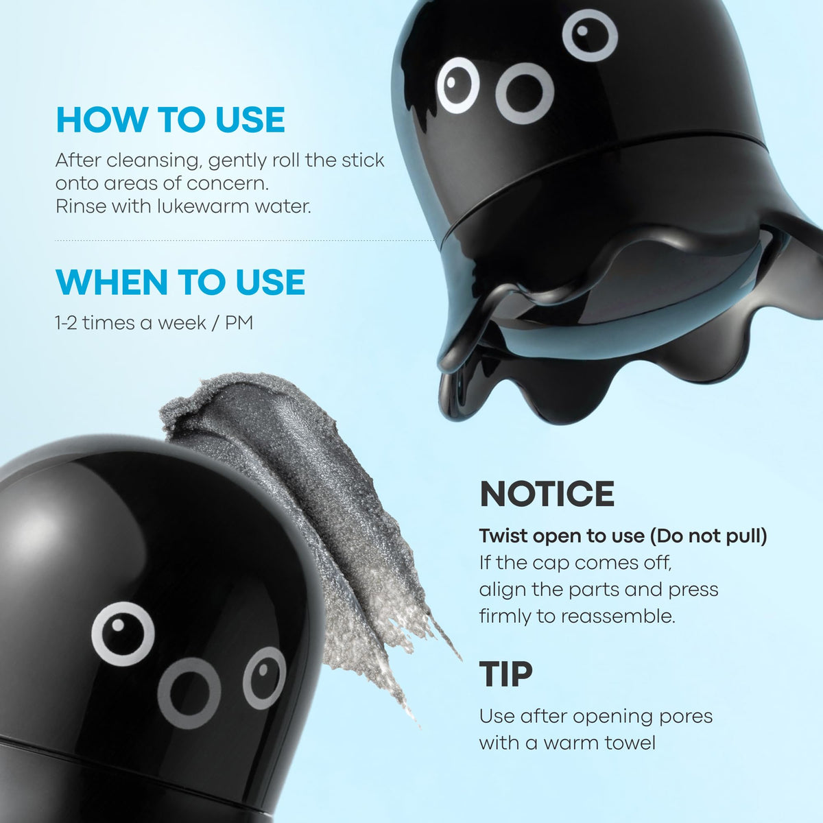 Light Cyan TONYMOLY Tako Pore Black Head Scrub Stick, Easter Basket Stuffer, Deep Cleansing Pore Remover, Characol Blackhead Remover for Face, Nose, Women + Men