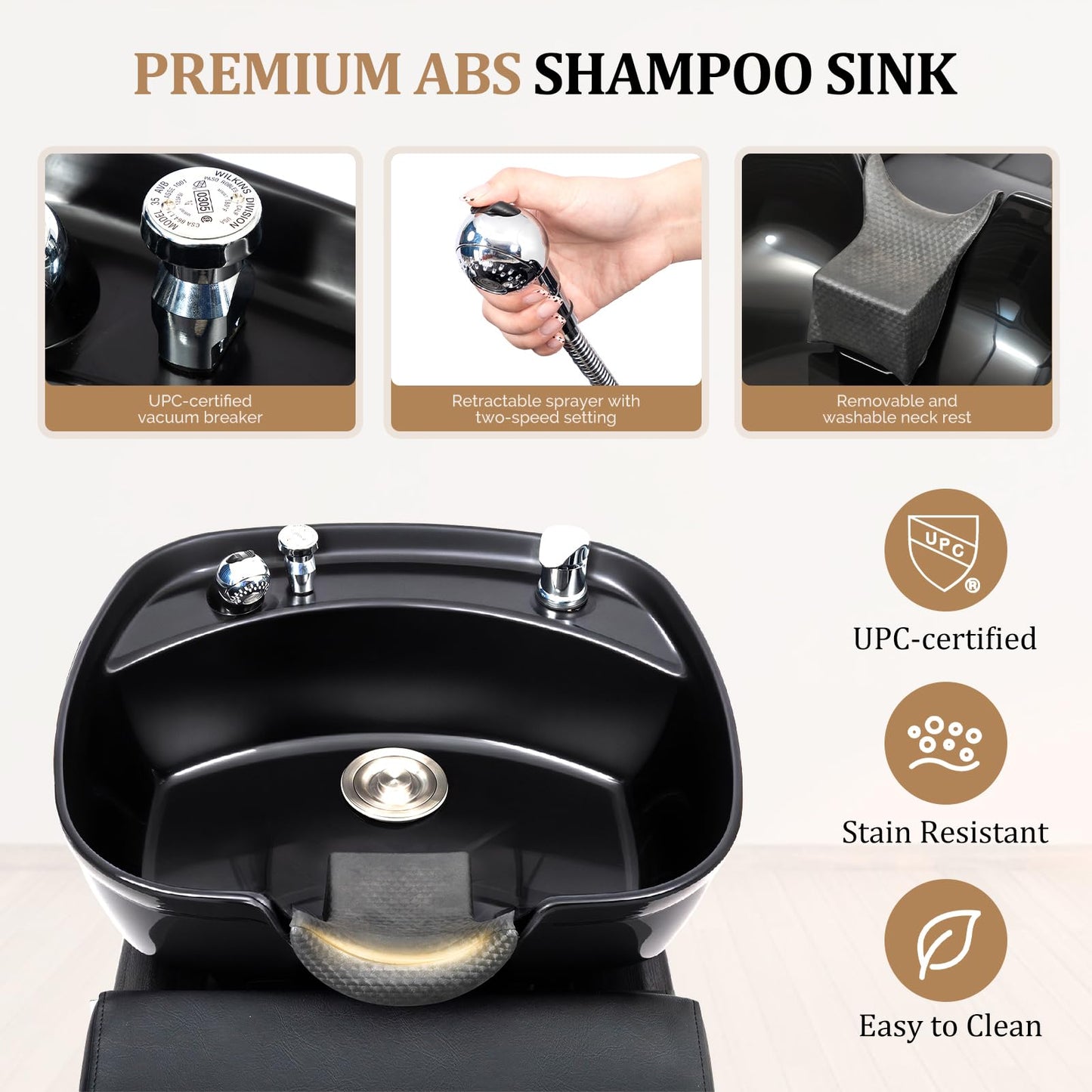 White Smoke Shampoo Bowl and Chair Set for Salon, Hair Washing Station for Hair Stylist, ABS Shampoo Sink with Footrest & Bottom Storage for Spa Beauty Barbershop