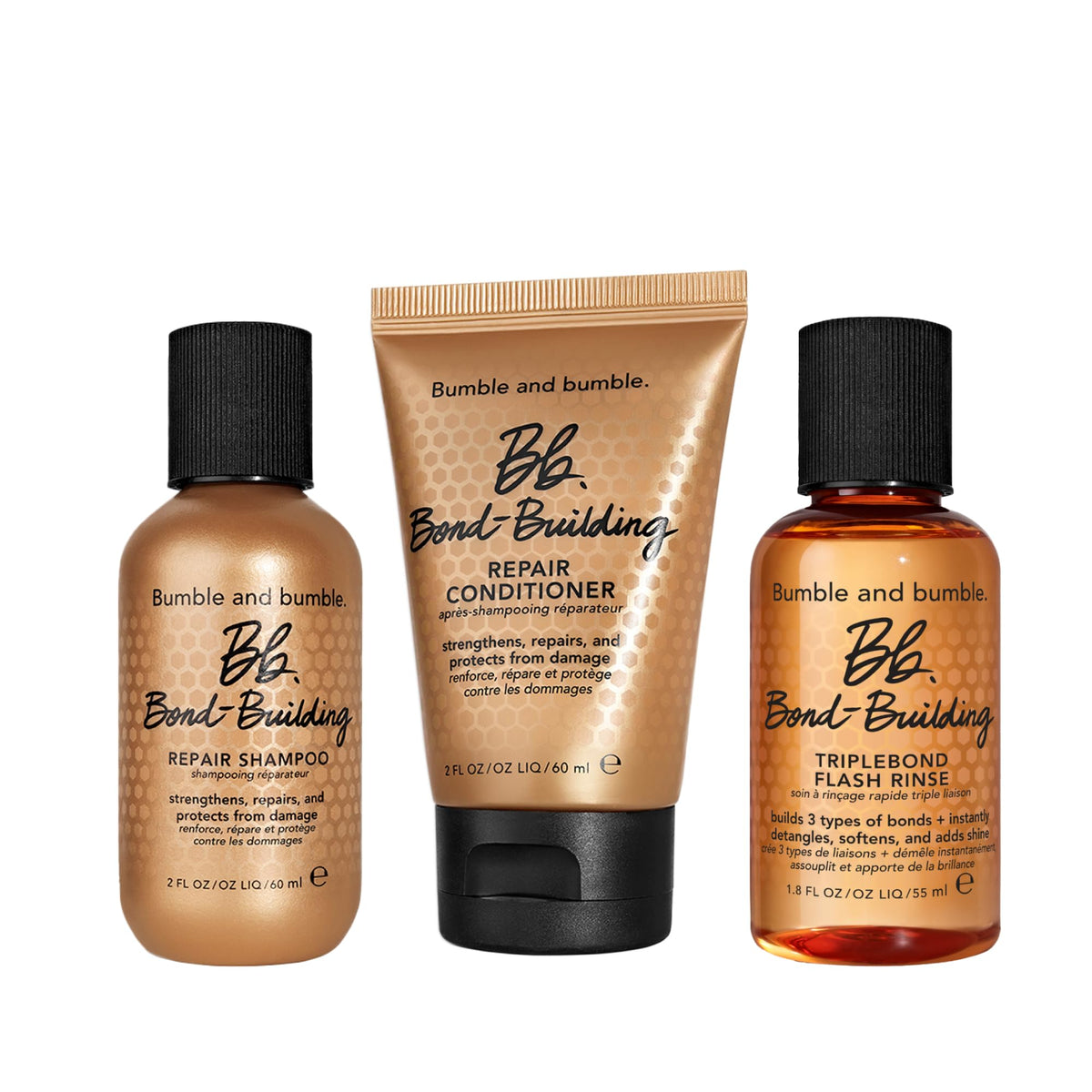 White Smoke Bumble and bumble. Bond-Building Hair Repair Shampoo, Conditioner + TripleBond Flash Rinse Set | For Damaged Hair | Anti Frizz + Adds Shine | Curly, Wavy, Straight