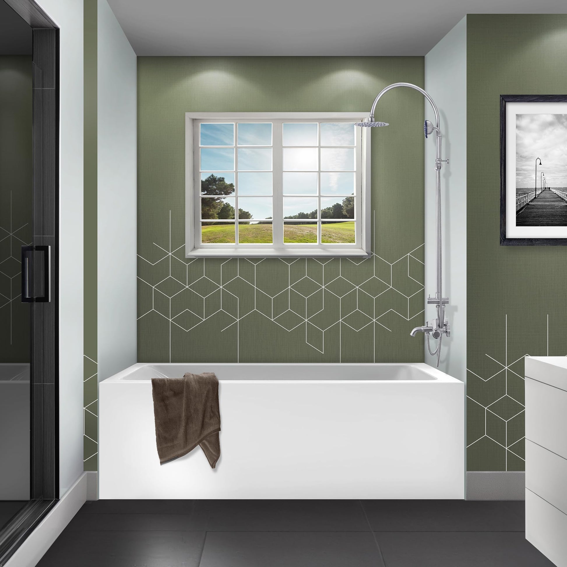 Light Gray Fine Fixtures Acrylic, Fiberglass Alcove Soaking Bathtub with Integral Apron Front in Glossy White - Right Hand Drain, 72" x 32"
