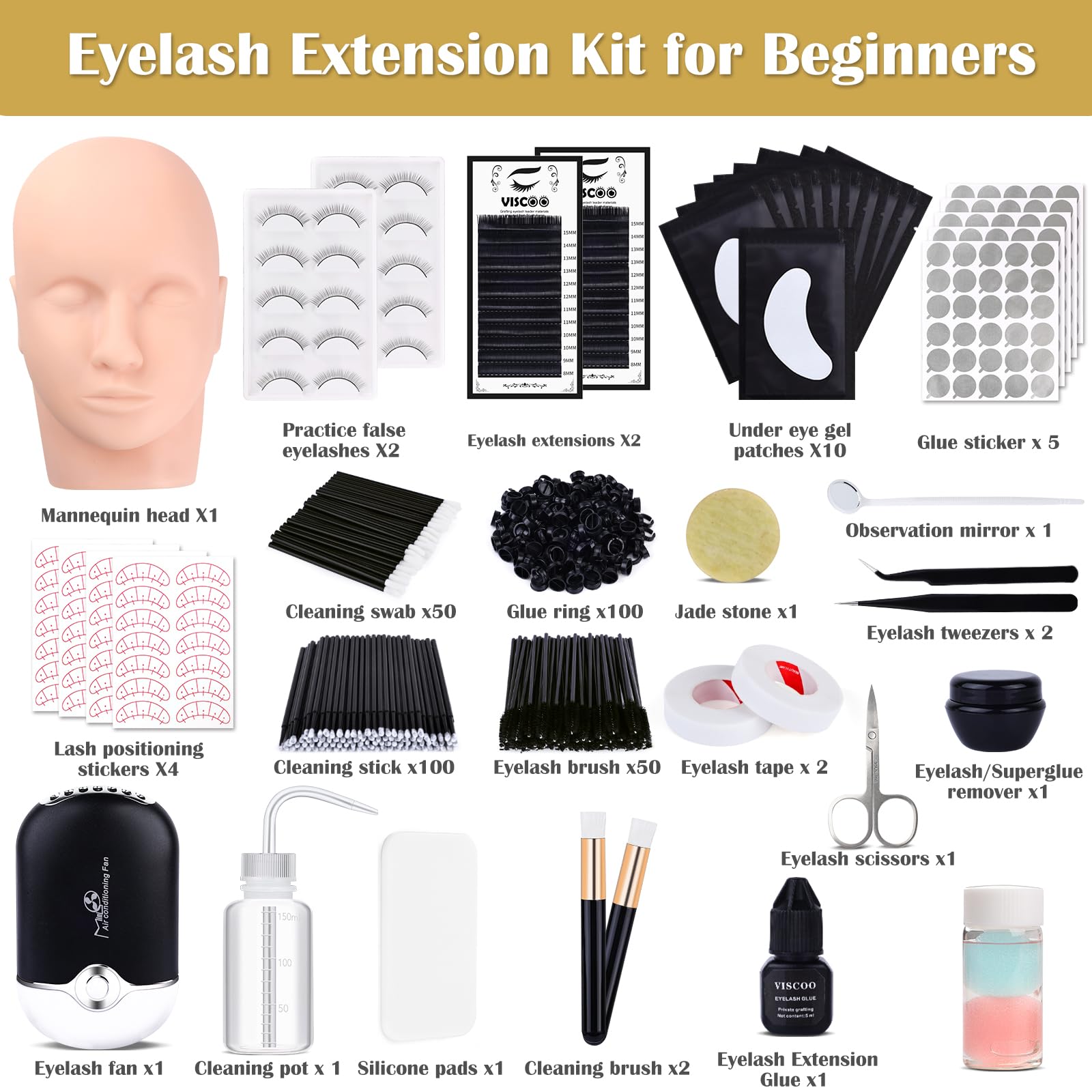 White Smoke Eyelash Extension Kit for Beginners, Professional Lash Extension Kit with Mannequin Head, Lash Starter Kit with Lash Fan, Lash Extension Supplies for Practice Training Kit(Black)