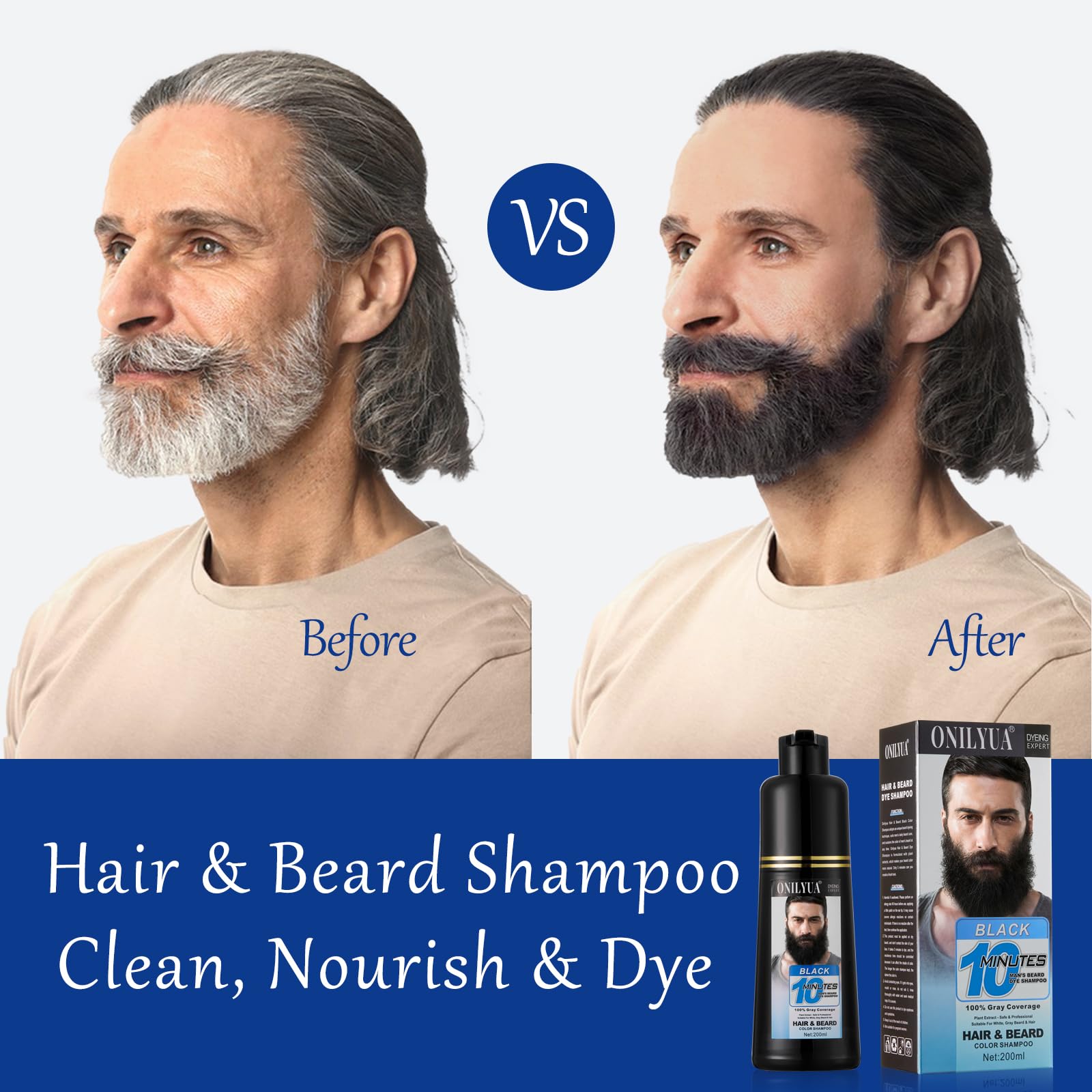 White Smoke Onilyua Men's 3 in 1 Black Beard Dye Shampoo, Simpler Color for Men's Beard & Mustaches, Long Lasting Gray Reducing 200 ml