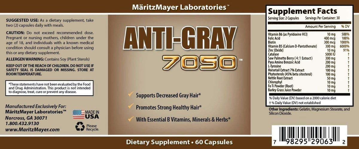Dark Gray MÄRITZMAYER LABORATORIES Anti-Gray Hair 7050 Helps Restore Natural Hair Color 60 Capsules Per Bottle 6 Bottles