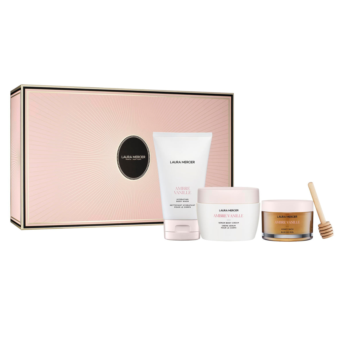 White Smoke Laura Mercier Delicious & Decadent Ambre Vanille Collection, Serum Body Cream with 48HR Hydration, Hydrating Body Wash to Soften and Smooth Skin, Honey Bath Gel, Foaming Bubble Bath, Holiday Gift Set