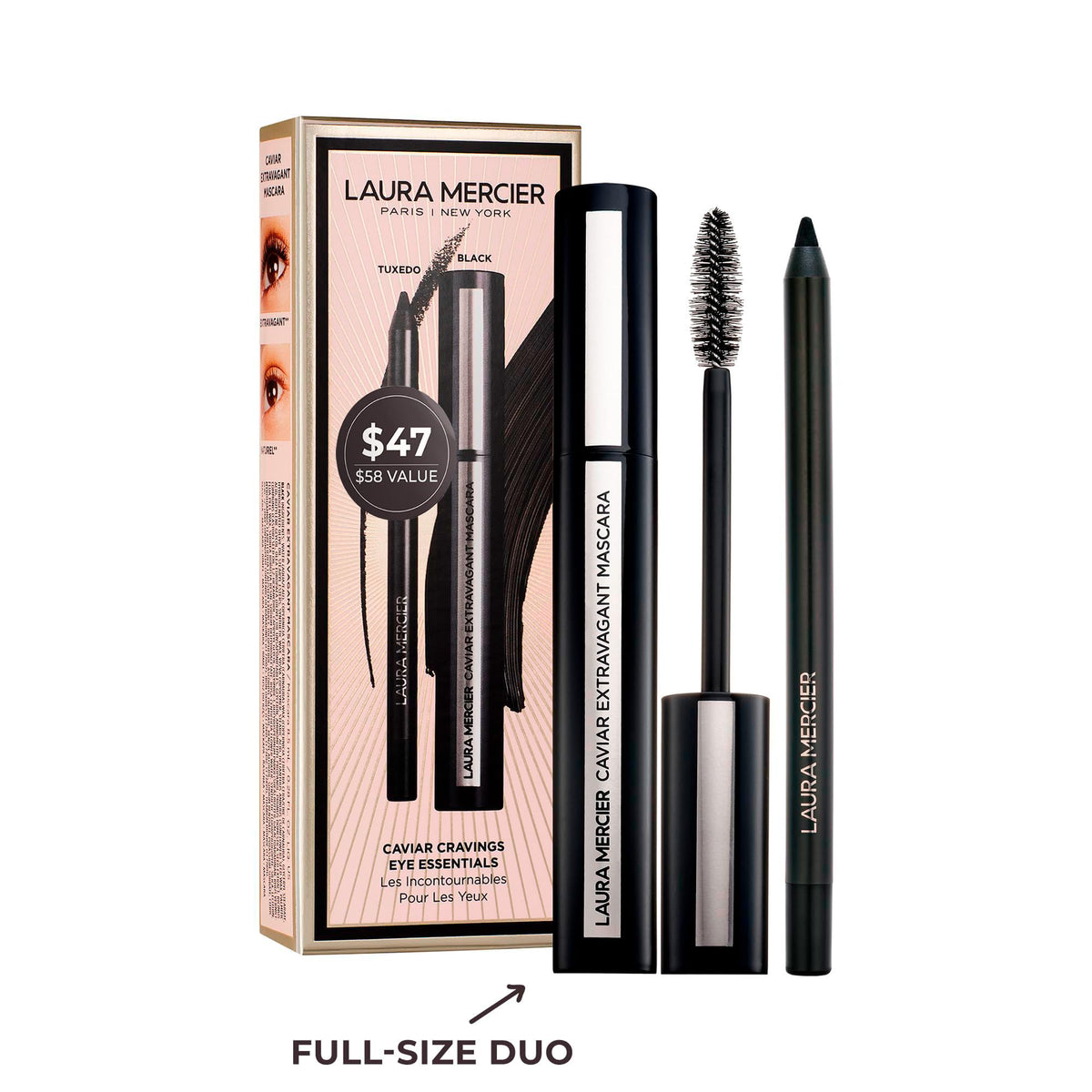 White Smoke Laura Mercier Caviar Cravings Eye Essentials, Caviar Tightline Eyeliner and Extravagant Mascara: Long Lasting Color, 3X Curl and Lift, Smudge- & Transfer-Proof, Holiday Gift Set