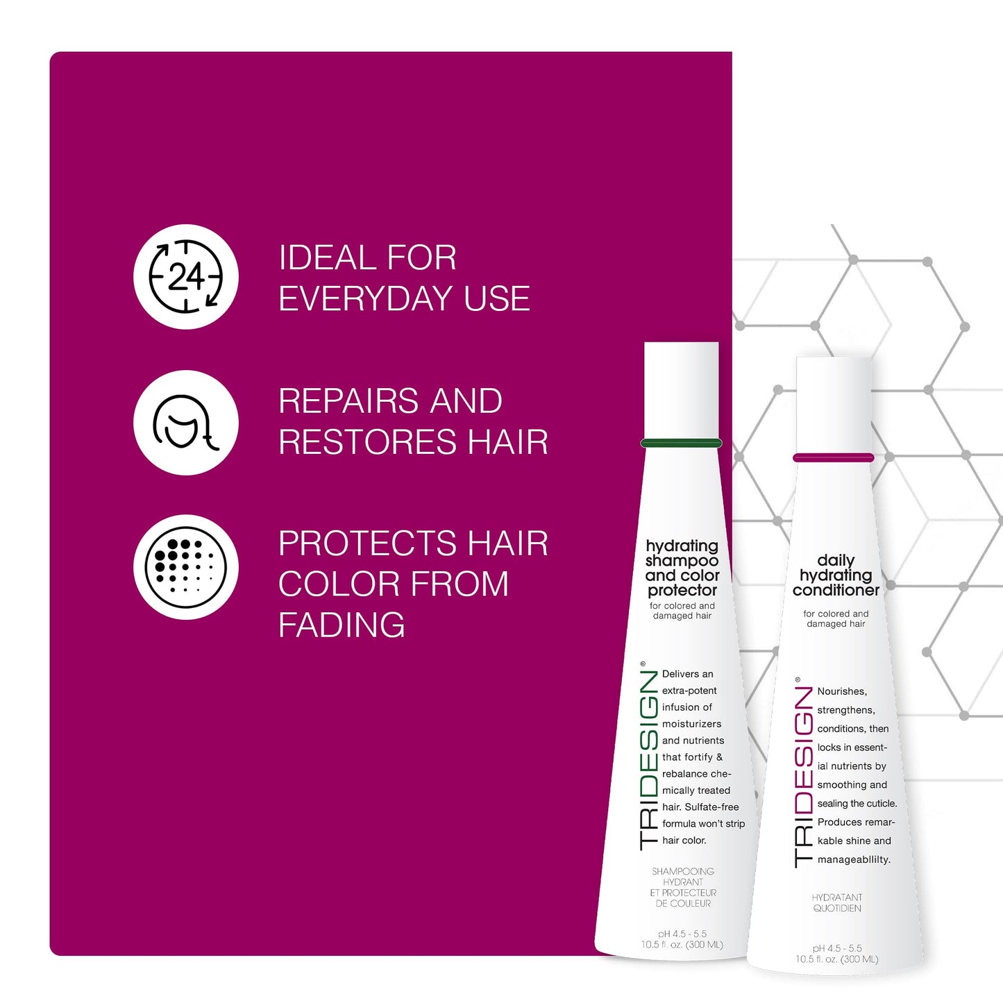 Maroon TRI Design Hydrating Shampoo & Conditioner Set - Sulfate Free Shampoo & Conditioner for Dry & Damaged Hair - Protect, Repair, and Moisturize Curly, Straight, Wavy, and Color-Treated Hair - 10.5 Ounce