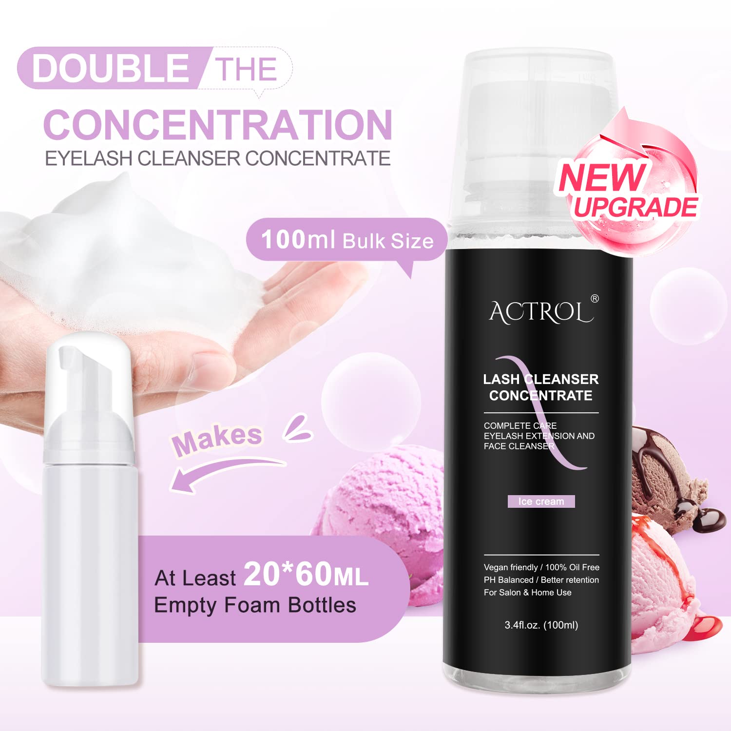 White Smoke ACTROL Eyelash Cleanser Concentrate 100ml Ice Cream Professional Lash Shampoo Foaming Cleanser DIY Paraben & Sulfate Free Non-lrritating Wash for Extensions Lashes with Salon Care-Makes 20 Bottles