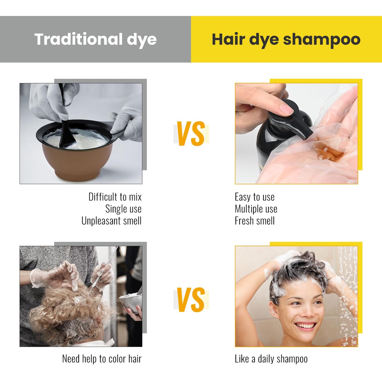 White Smoke KINGMING Black Hair Dye Shampoo 3 in 1 for Gray Hair, Hair Color Shampoo for Women Men Grey Hair Coverage, Herbal Ingredients Champu Con Tinte Para Canas 500ml (Black).