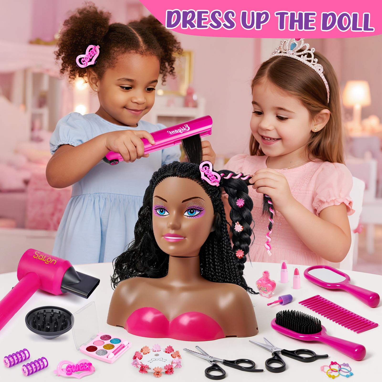 Tan Cleboen Hair Styling Doll Head Makeup Kit for Girls Toys, 35PCS Kids Hair Salon Pretend Playset with Hairdryer Straightener Headwears & Real Makeup Nail Polish, Birthday Gifts for Girls 3 4 5 6 7 8+
