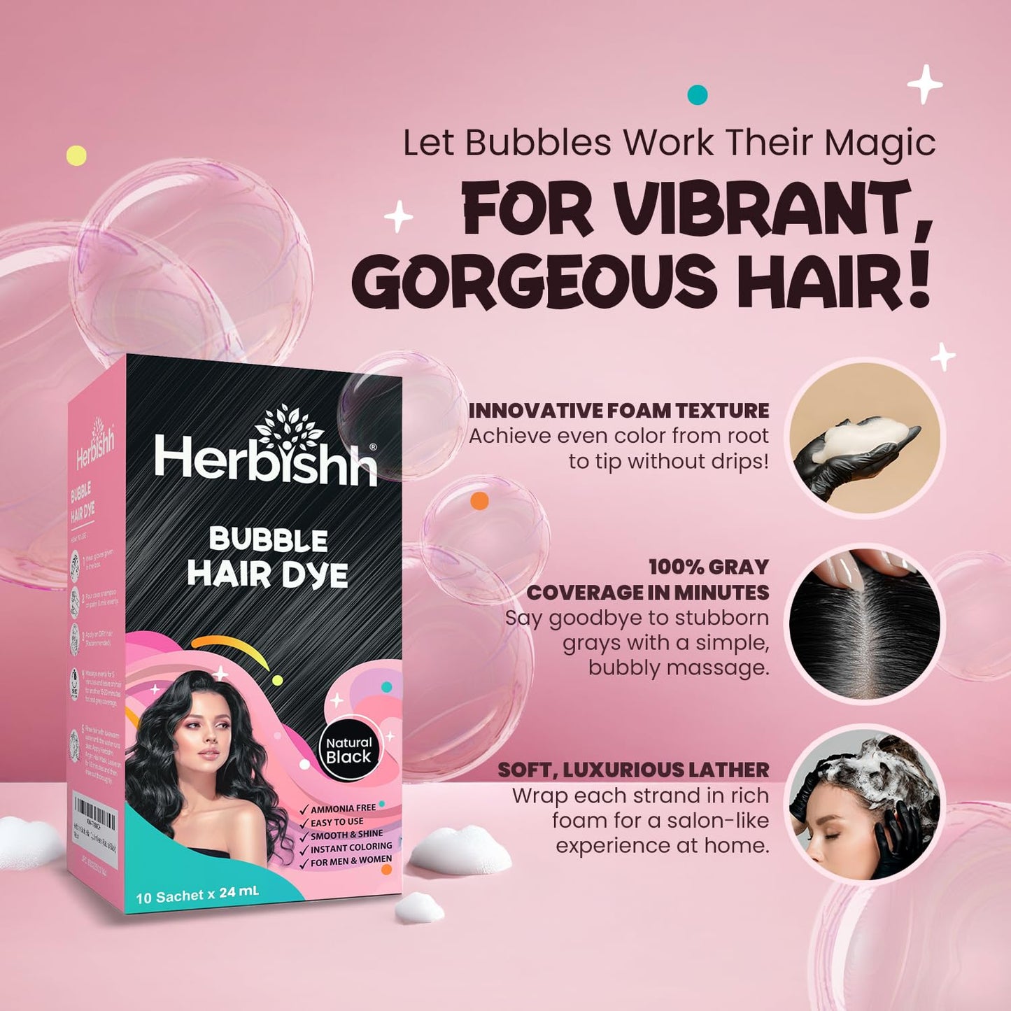 Thistle Herbishh Bubble Foam Hair Dye Shampoo, 3 in 1 Dye for 100% Grey Coverage, Permanent & Instant Hair Coloring for Men & Women, Long-lasting & Travel-friendly, Ammonia-free, 10 Sachet x 24 ml (Black)