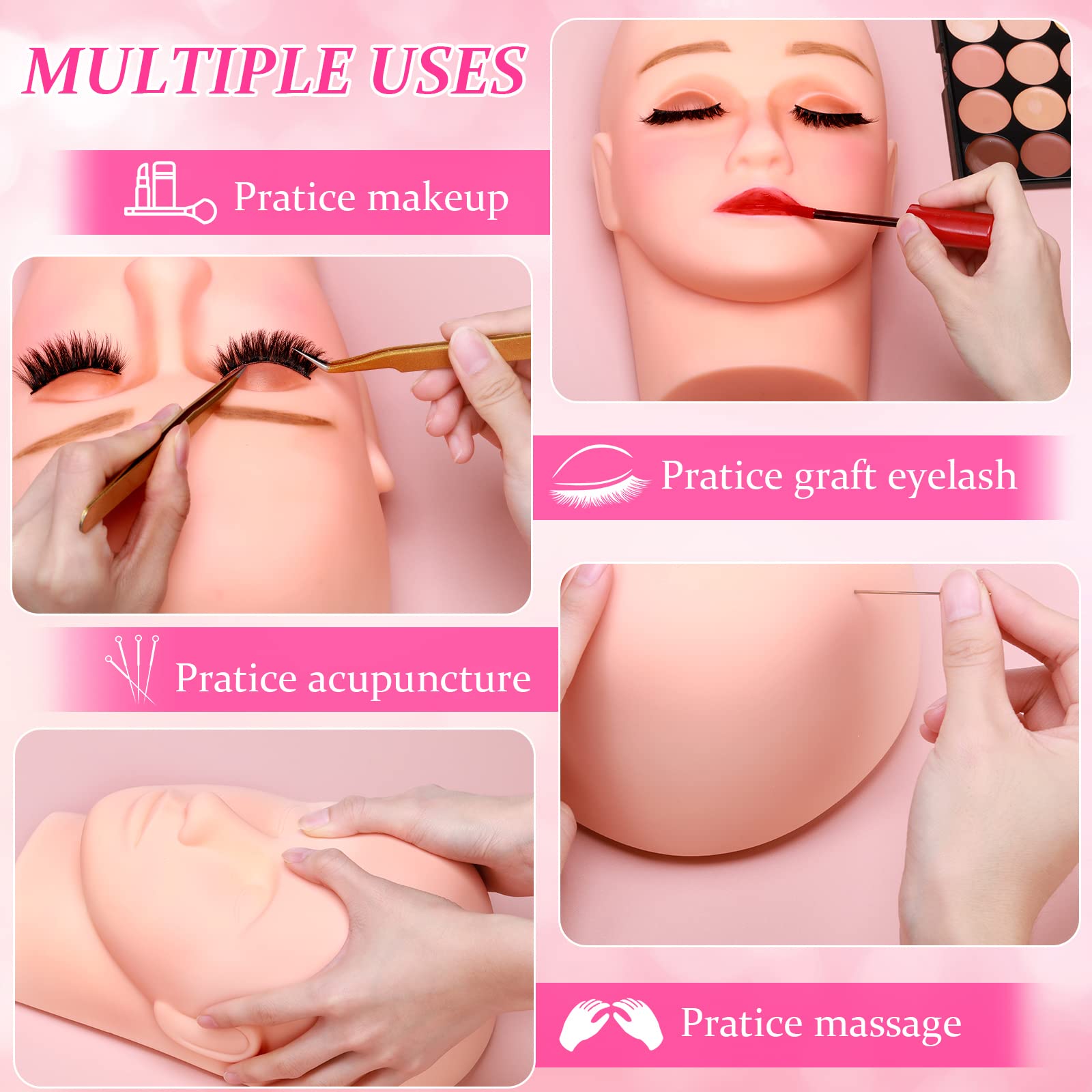 Pink Reginary 6 Pcs Lash Mannequin Head Silicone Plastic Makeup Training Heads for Makeup Eyelash Grafting Massage and Esthetics Practice(White)