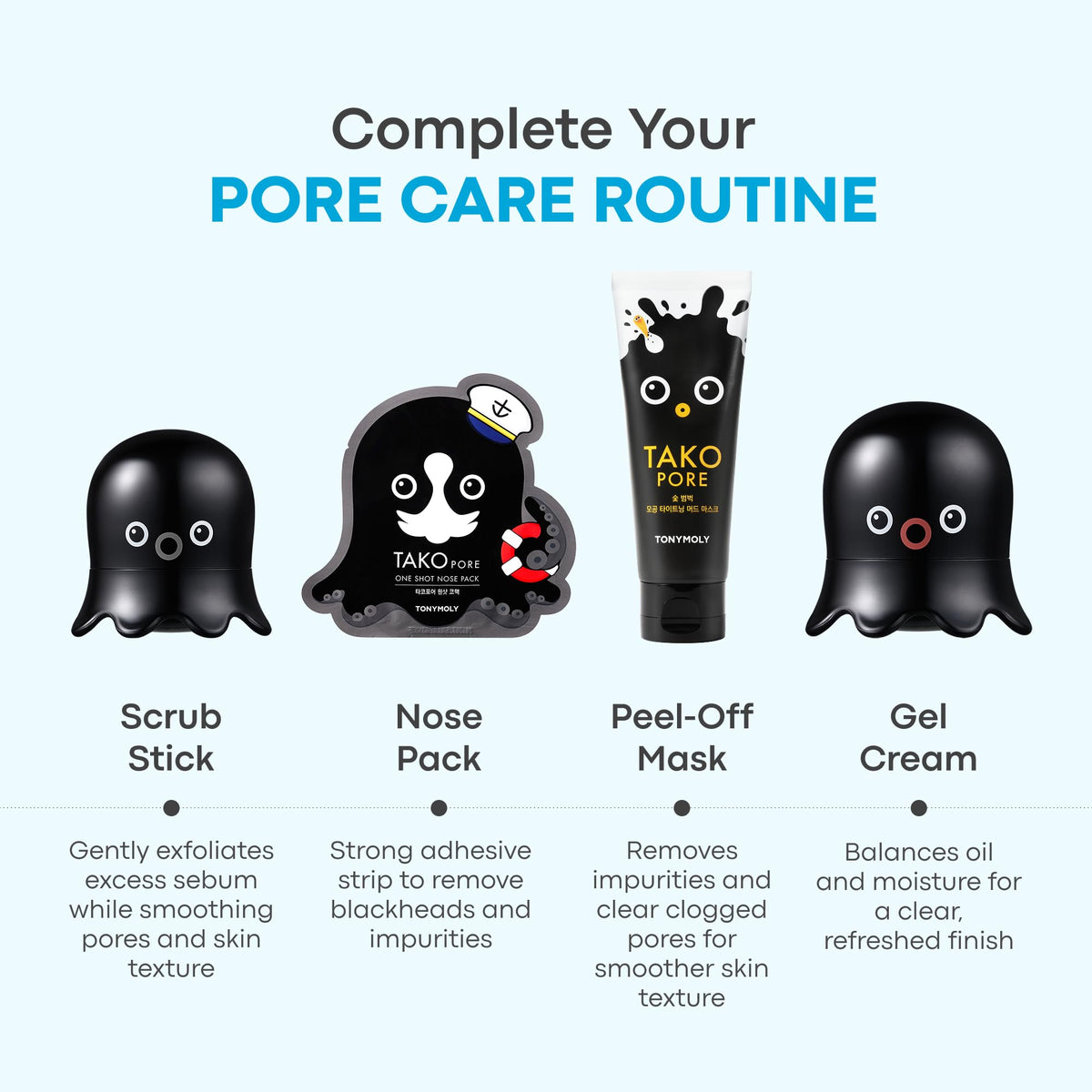 Alice Blue TONYMOLY Tako Pore Black Head Scrub Stick, Easter Basket Stuffer, Deep Cleansing Pore Remover, Characol Blackhead Remover for Face, Nose, Women + Men
