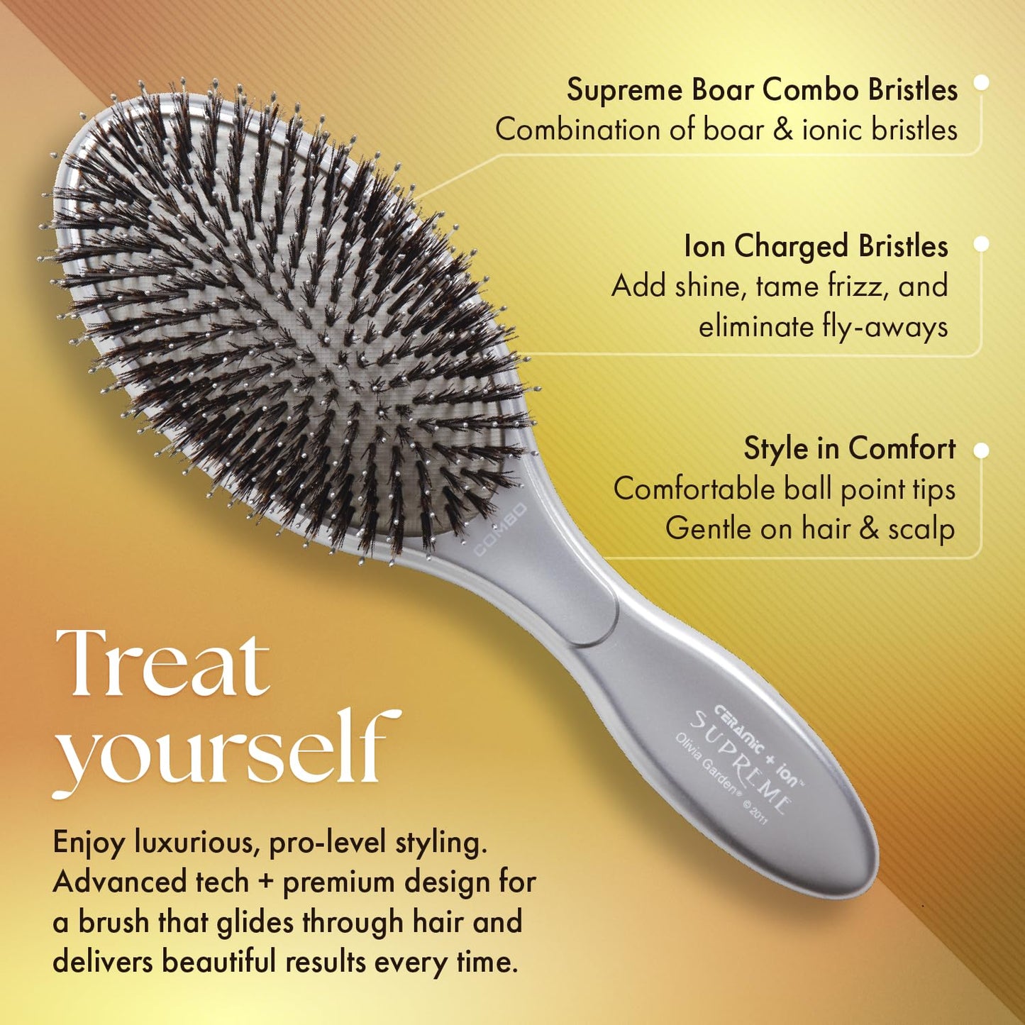 Light Goldenrod Olivia Garden Ceramic + Ion Supreme Paddle Hair Brush for Men and Women - Professional Boar Bristle Hair Brush for All Hair Lengths - Frizz-Free Results