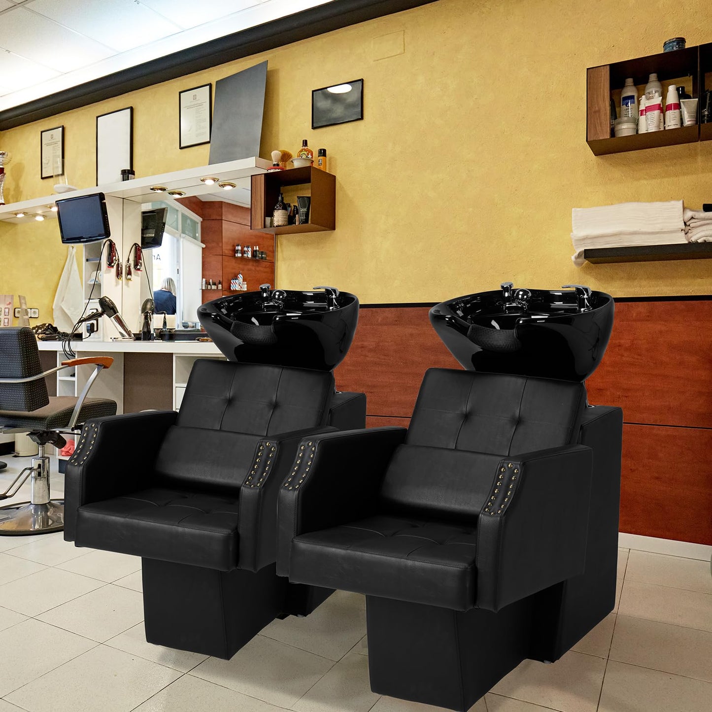 Dark Khaki Winado Shampoo Backwash Barber Chair with Large Ceramic Bowl, Adjustable Shampoo Bowl Sink Chair Station for Barbershop Beauty Spa Massage Hairdressing Equipment