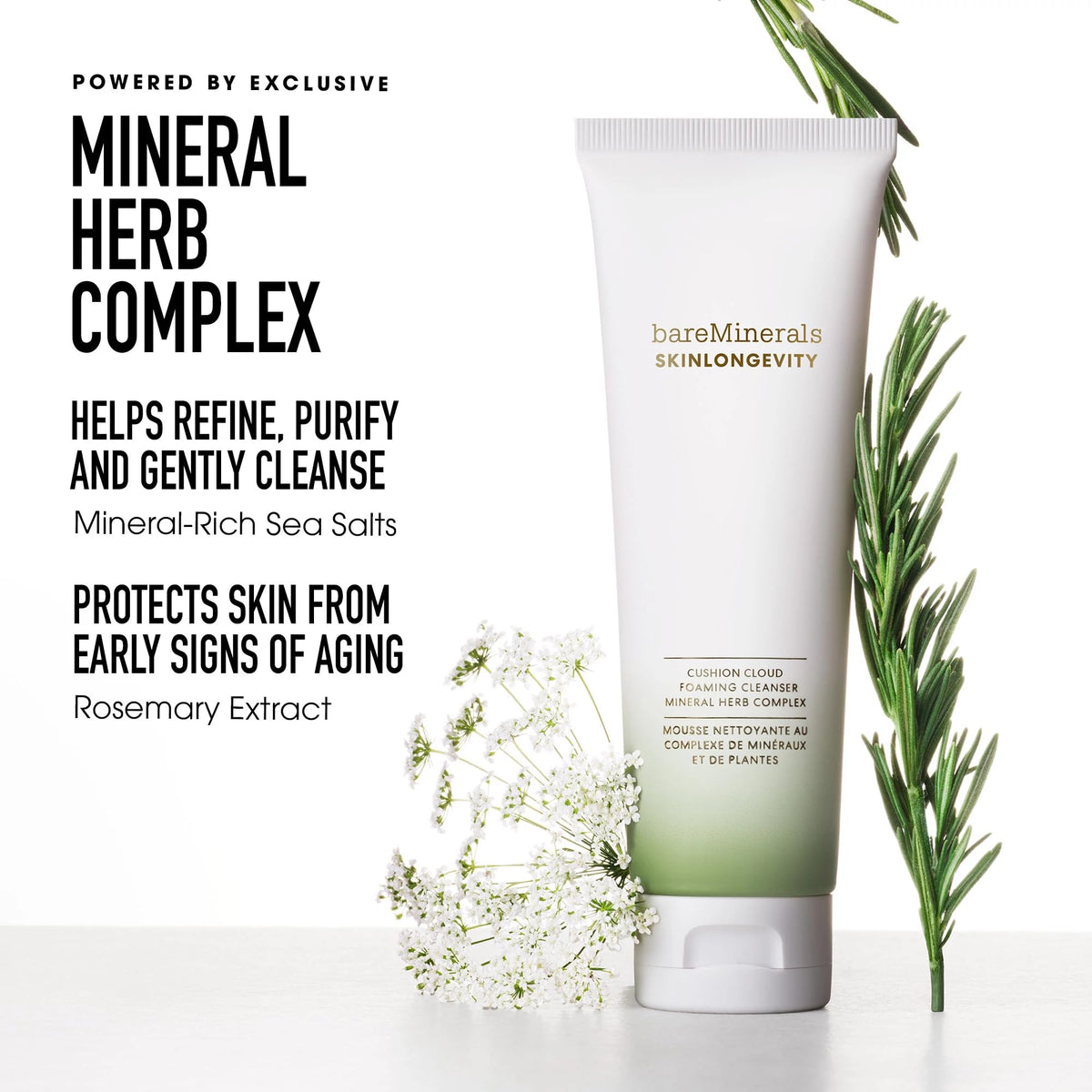 White Smoke bareMinerals SKINLONGEVITY Cushion Cloud Cream-to-Foam Face Cleanser, 4 oz