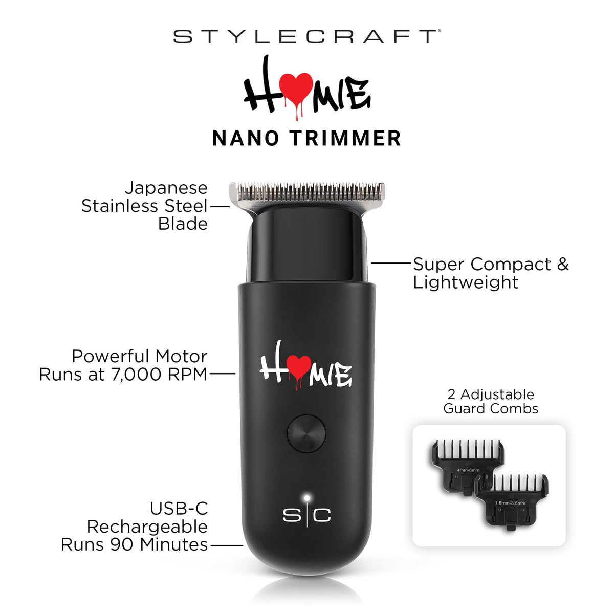 White Smoke StyleCraft Homie Cordless Nano Hair Trimmer with Rotary Motor, Compact Size for Travel, Lightweight, USB-C Rechargeable