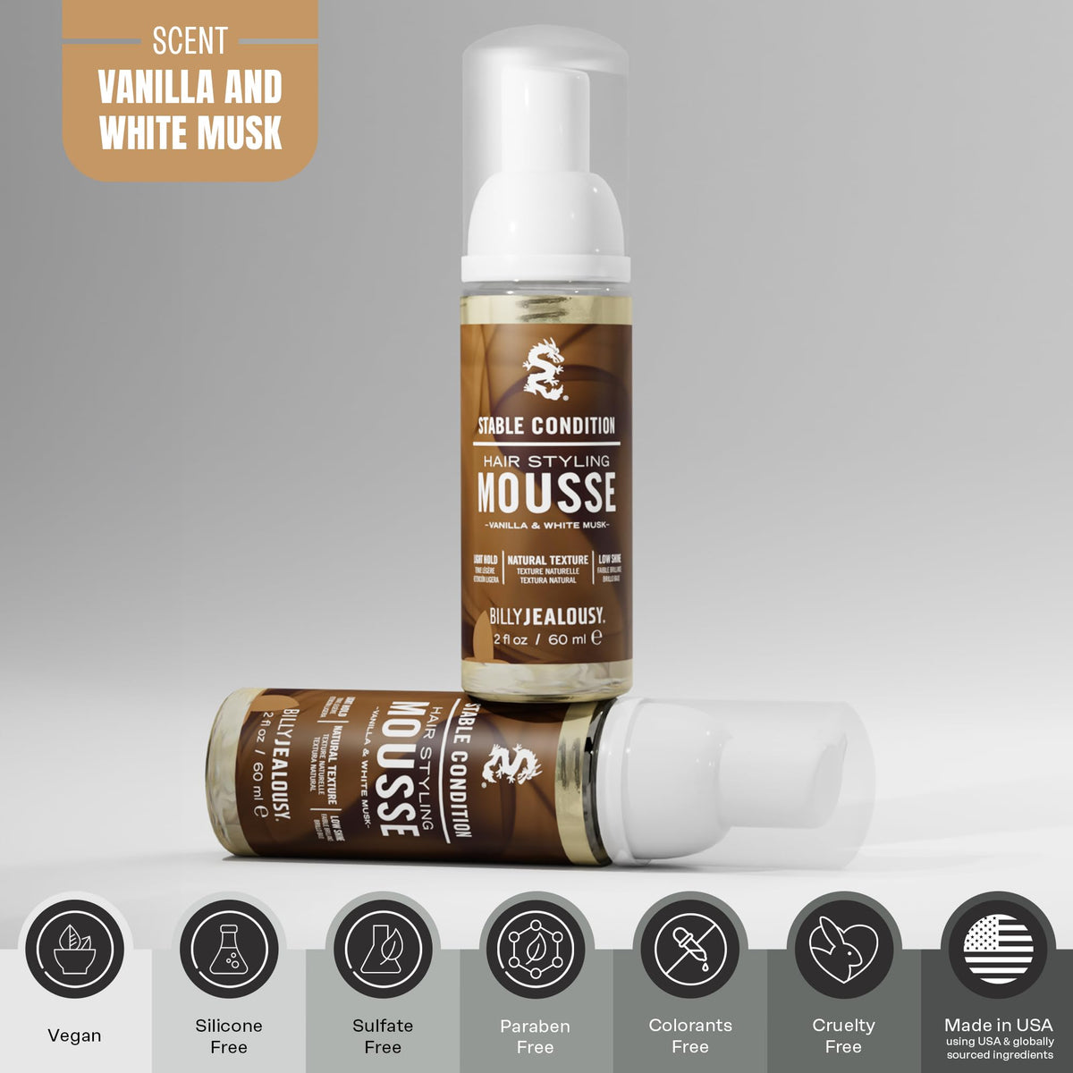 Gray Billy Jealousy Stable Condition Hair Styling Mousse for Men – Light Hold for Body & Lift, Frizz Control – Hydrates with Sea Moss & Kelp, Travel Size, Silicone & Residue-Free, Vegan, Vanilla White Musk