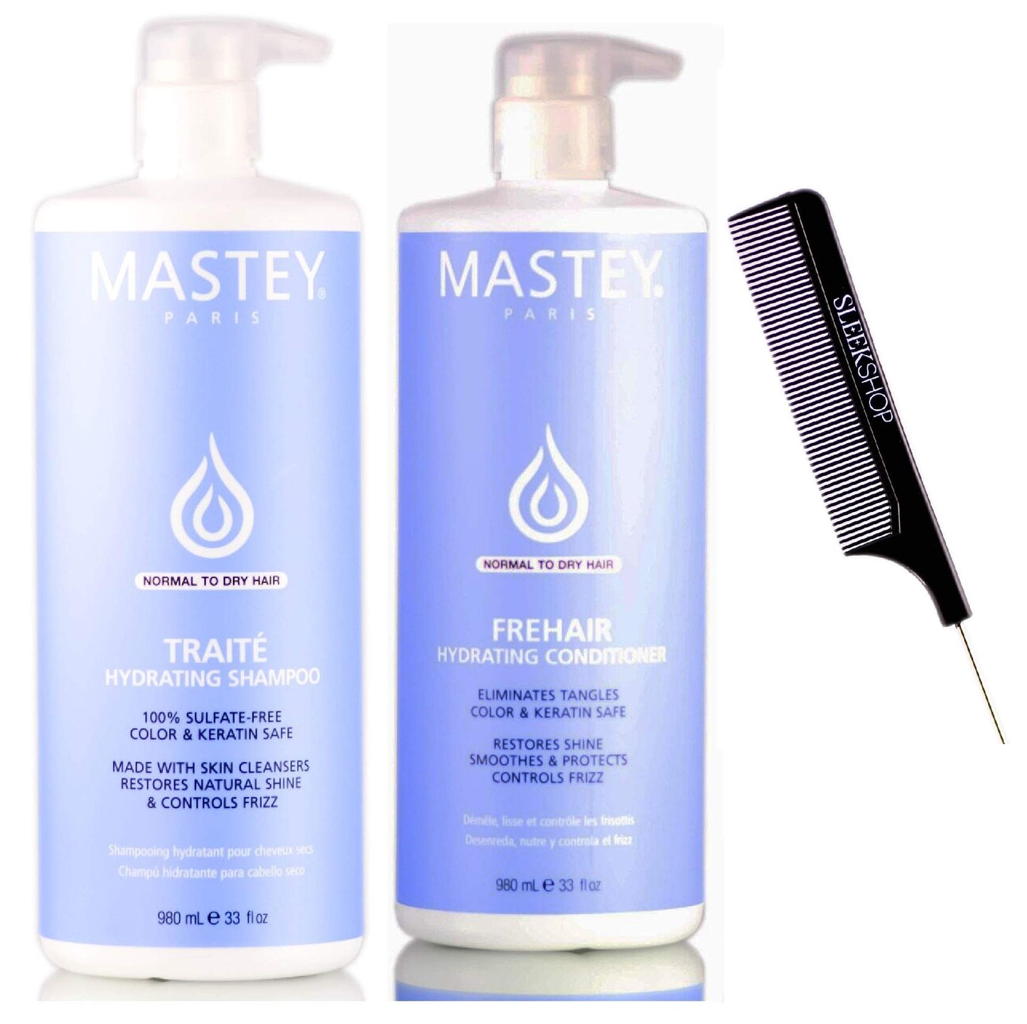 Mastey Paris TRAITE SHAMPOO & FREHAIR CONDITIONER, Sulfate-Free Cleanser & Detangler Duo Set, NORMAL TO DRY HAIR (w/Sleek Comb) (32 oz / 960 ml - LARGE LITER DUO KIT)