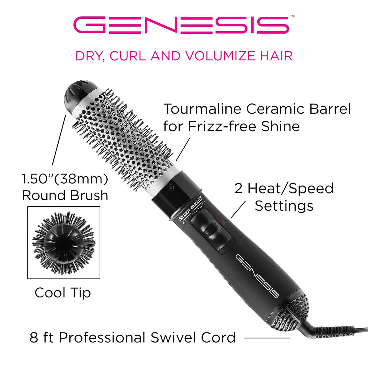 White Smoke StyleCraft Silver Bullet Genesis Professional Round Hot Brush Hair Styler,1.50"