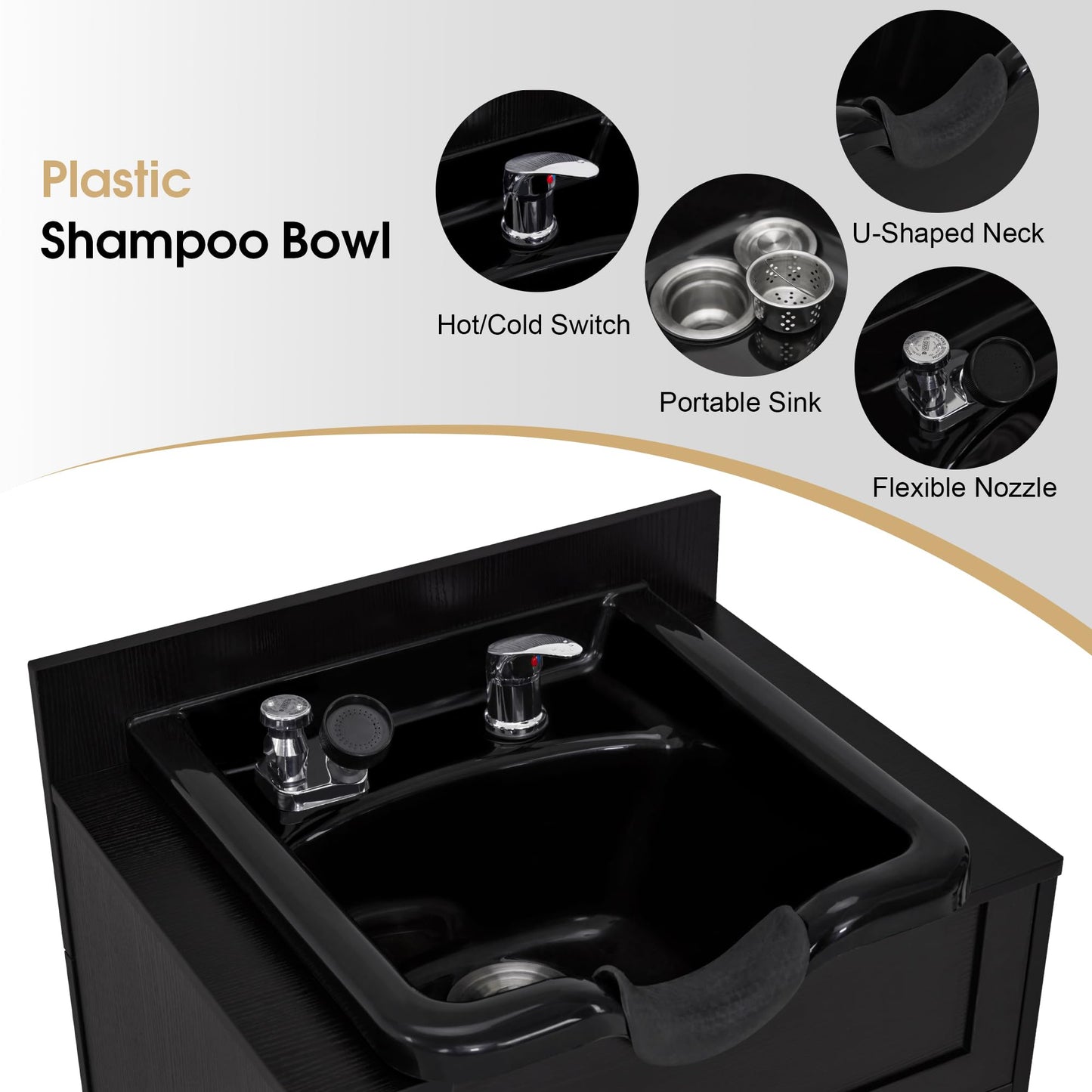 Black BarberPub Barber Storage Shampoo Station, Spa Textured Embossed Cabinet with Shampoo bowl & Drawers, Hair Salon Sink Backwash Equipment 7131 (Black)