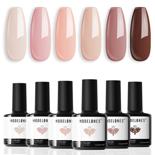 White Smoke modelones Gel Nail Polish Kit -6 Colors Nude Pink Milky White Gel Polish Set Skin Tones Neutral Brown Soak Off Gel Nail Kit Manicure DIY Nail Art Salon Home Gift