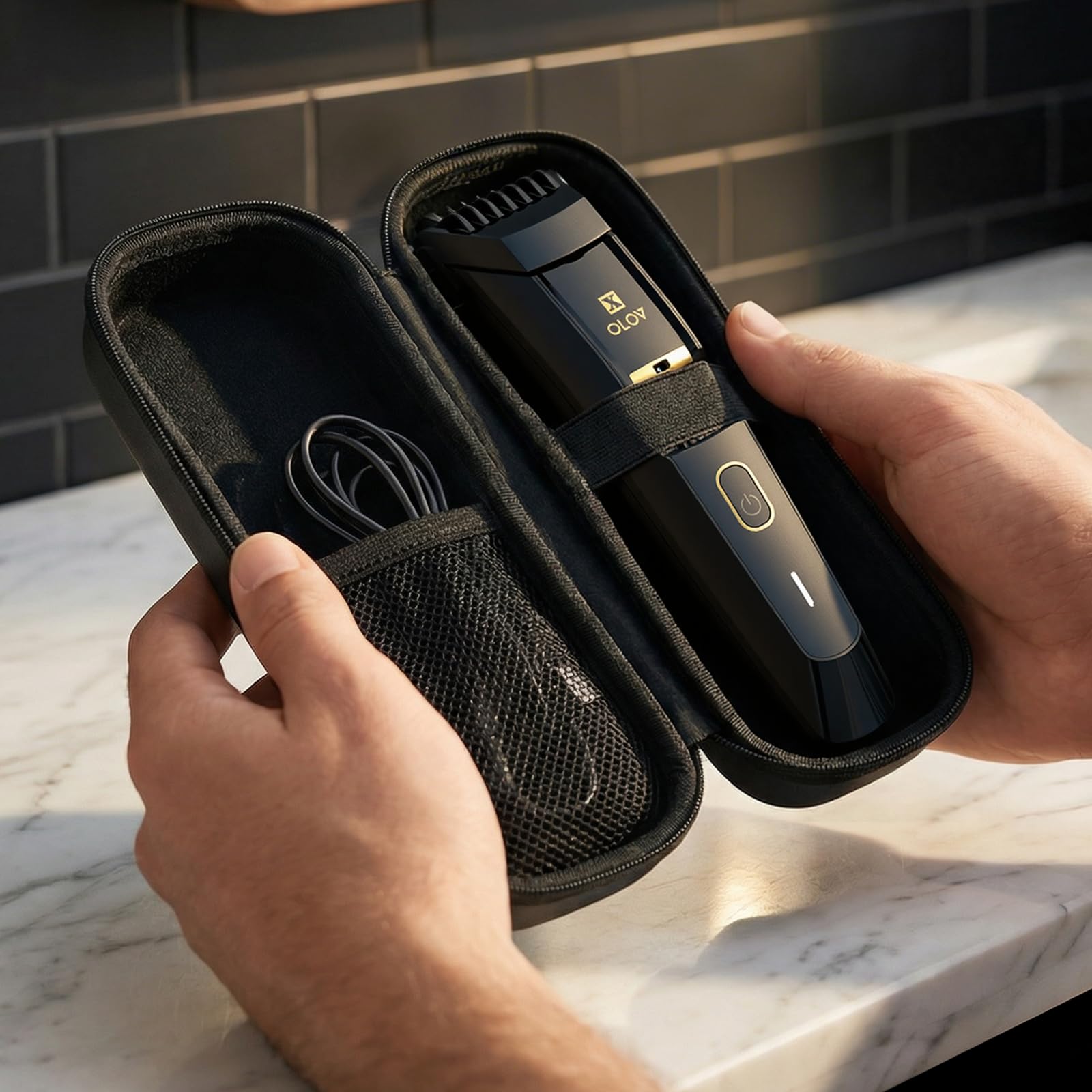 Black OLOV X Men's Beard Trimmer - All-in-One Trimmer with Precision Dial - Premium Facial Hair Groomer - Adjustable 20 Length Setting, USB Recharge Dock, Cordless Waterproof Wet/Dry Clipper