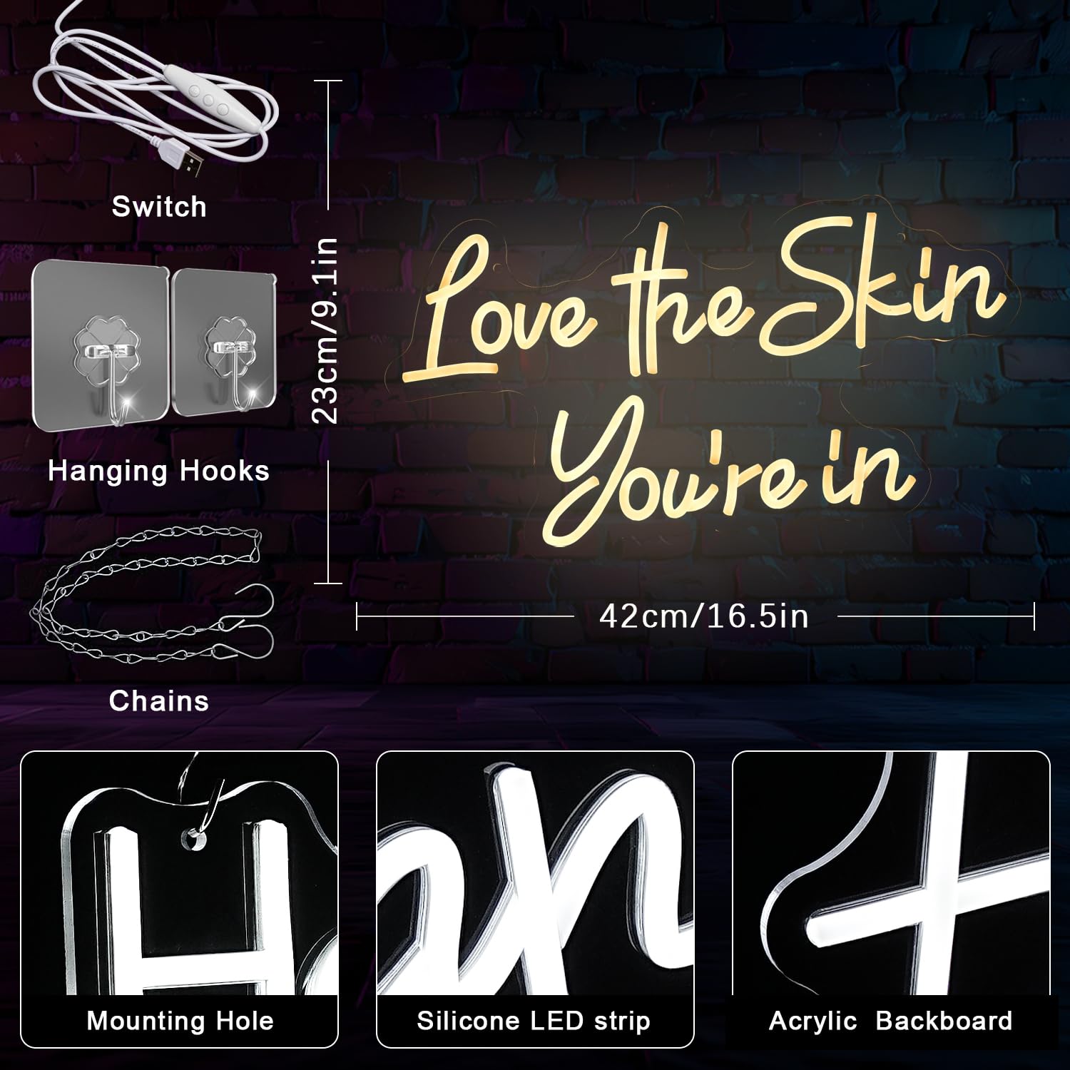 Black Gyaksjm ''Love the Skin You're in'' Neon Sign Facial Spa Neon Light for Wall Decor Warm White Letters Neon Lights Beauty Salon Sign for Business Skin Care Salon Beauty Shop Decorations