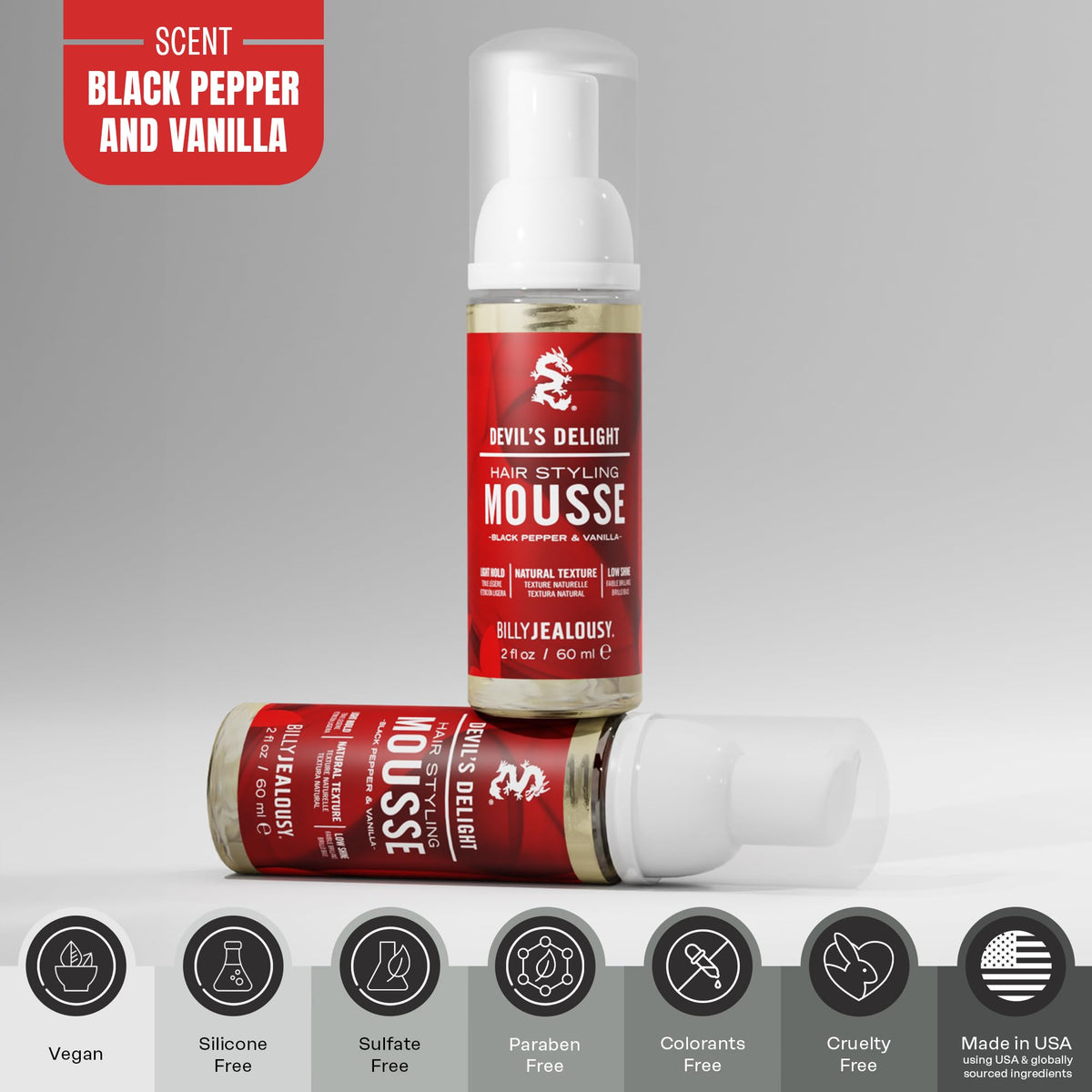 Gray Billy Jealousy Devil’s Delight Hair Styling Mousse for Men – Light Hold for Volume & Lift, Frizz Control – Hydrates with Sea Moss & Kelp – Travel Size, Silicone-Free, Vegan, Black Pepper Vanilla Scent